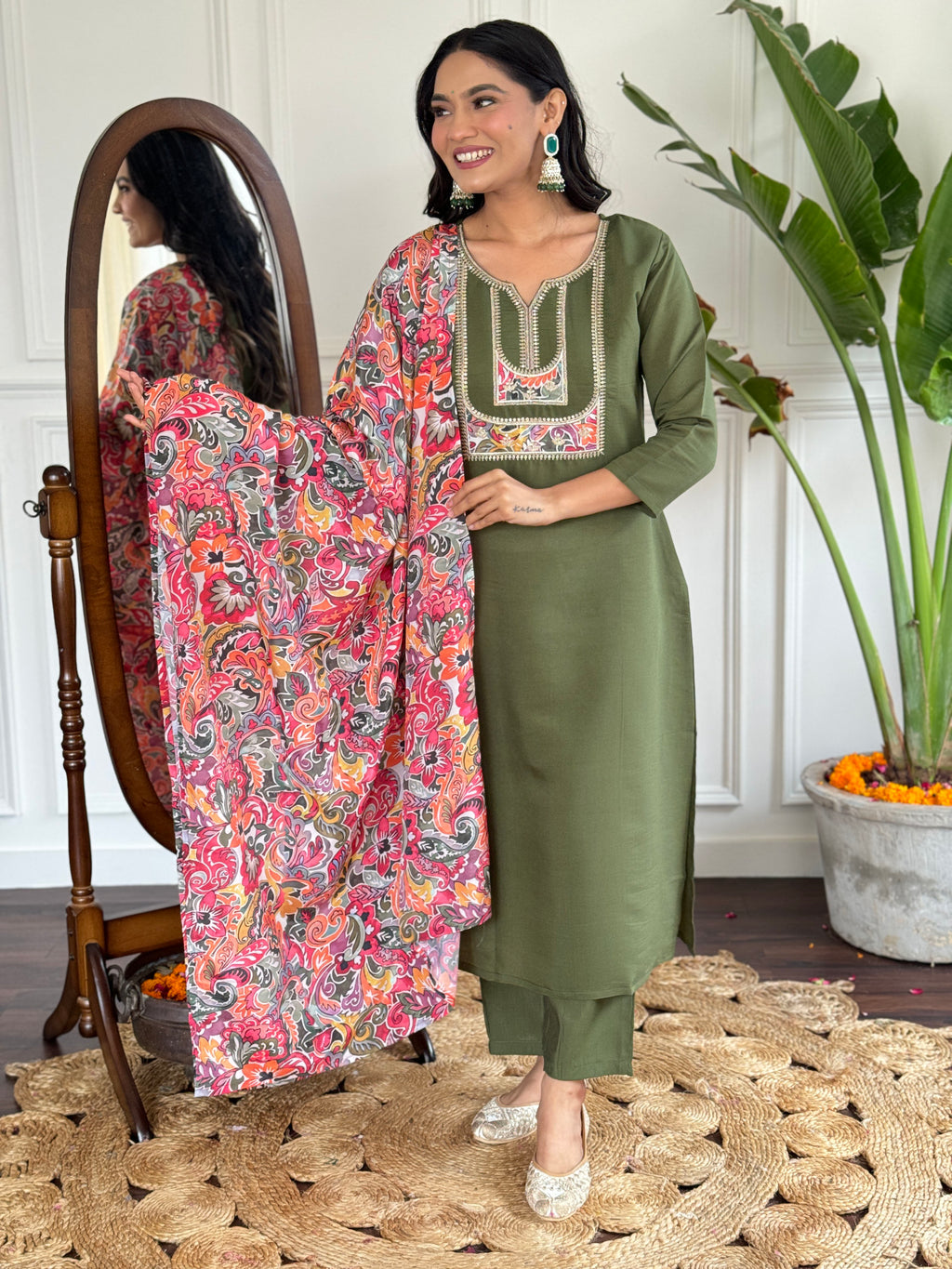 Women's Chanderi Green Kurta Set with Embroidered Yoke, 3/4 Sleeve, Round-Neck, Floral Printed Dupatta