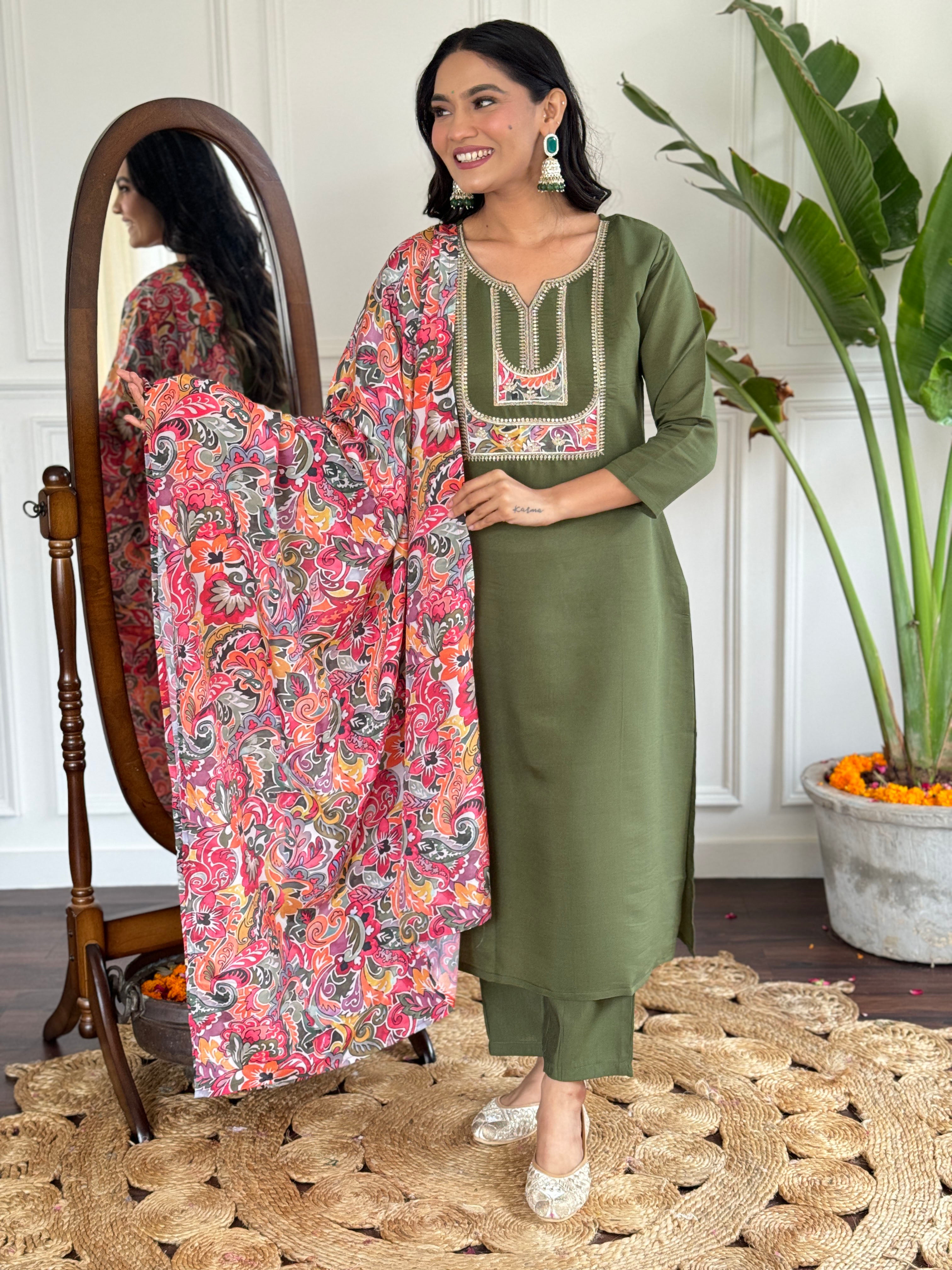 Women's Chanderi Green Kurta Set with Embroidered Yoke, 3/4 Sleeve, Round-Neck, Floral Printed Dupatta