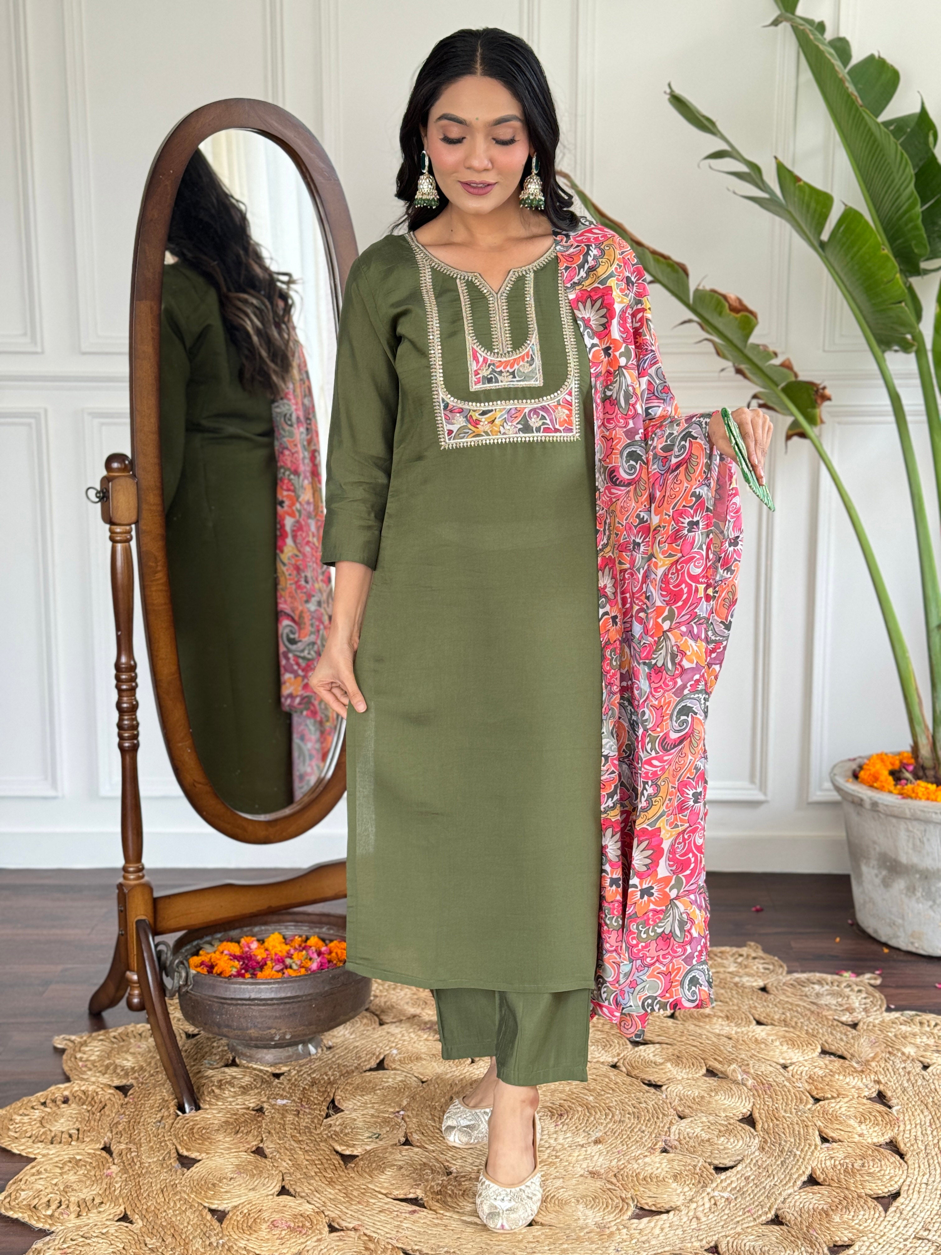 Women's Chanderi Green Kurta Set with Embroidered Yoke, 3/4 Sleeve, Round-Neck, Floral Printed Dupatta