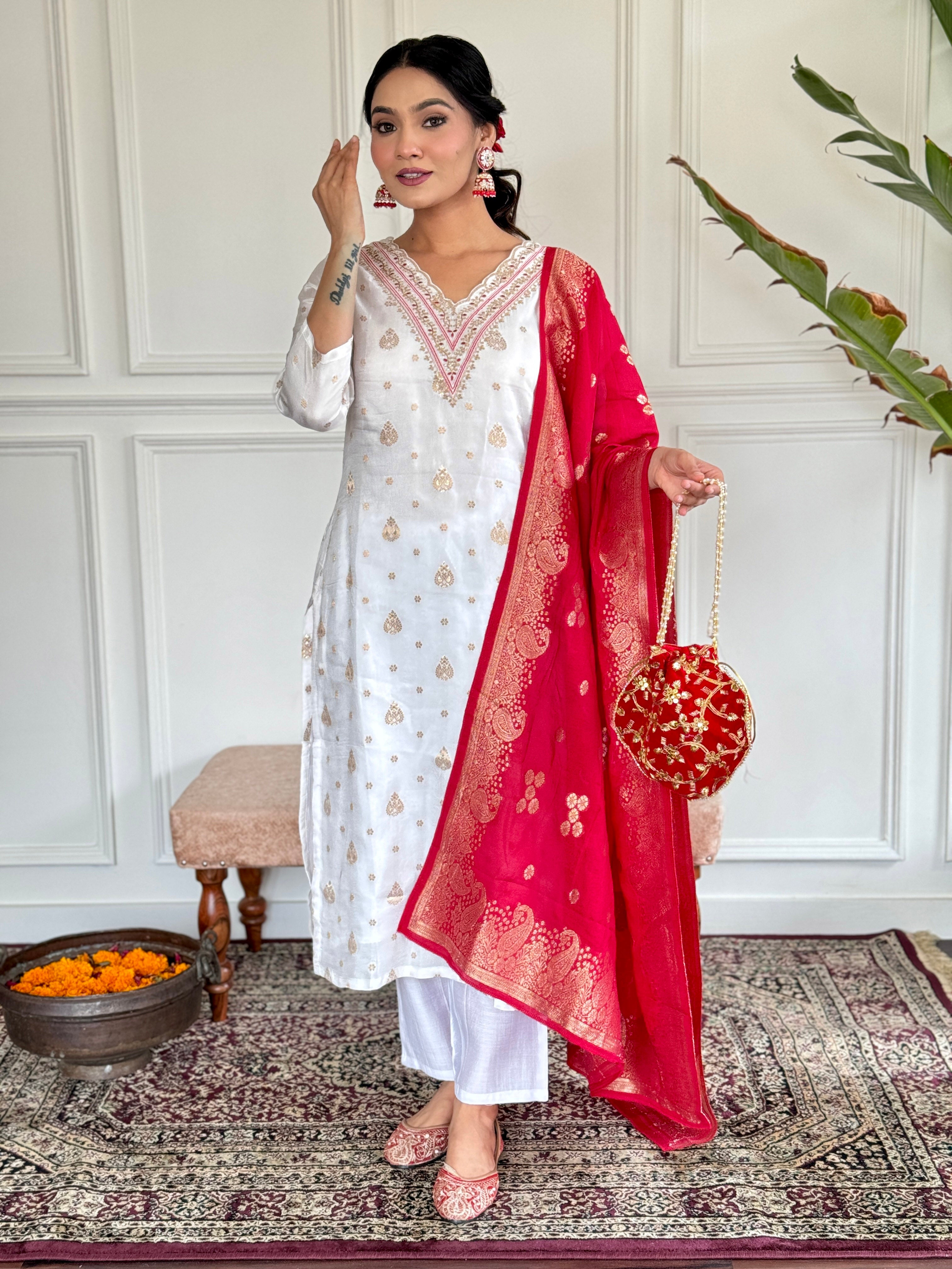Women's White Jaquard Embroidered Kurta Set with Red Dupatta, 3/4 Sleeve, A-Line