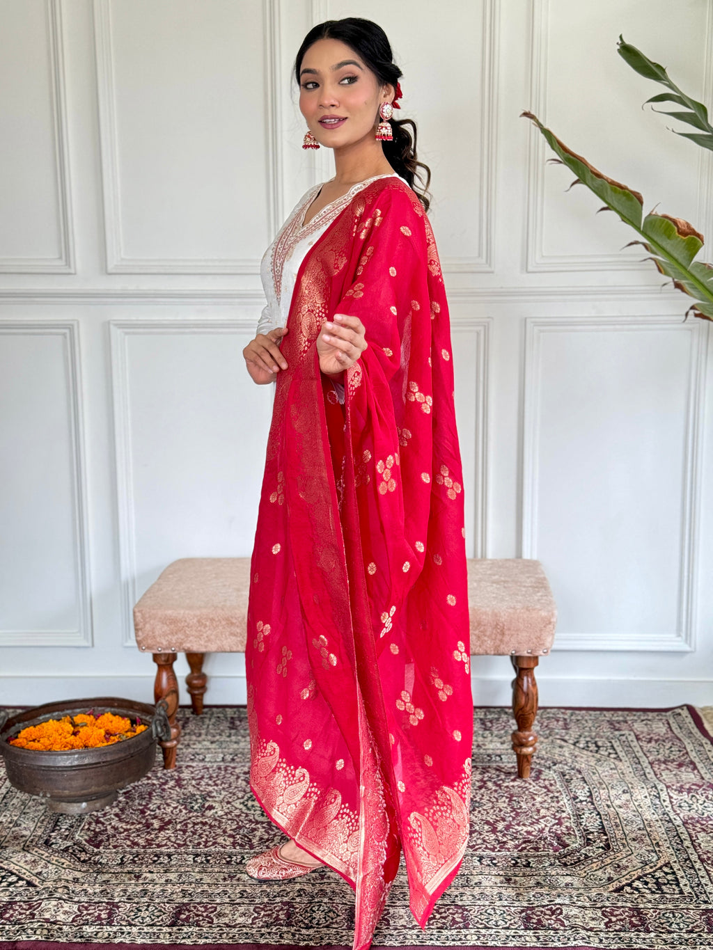 Women's White Jaquard Embroidered Kurta Set with Red Dupatta, 3/4 Sleeve, A-Line