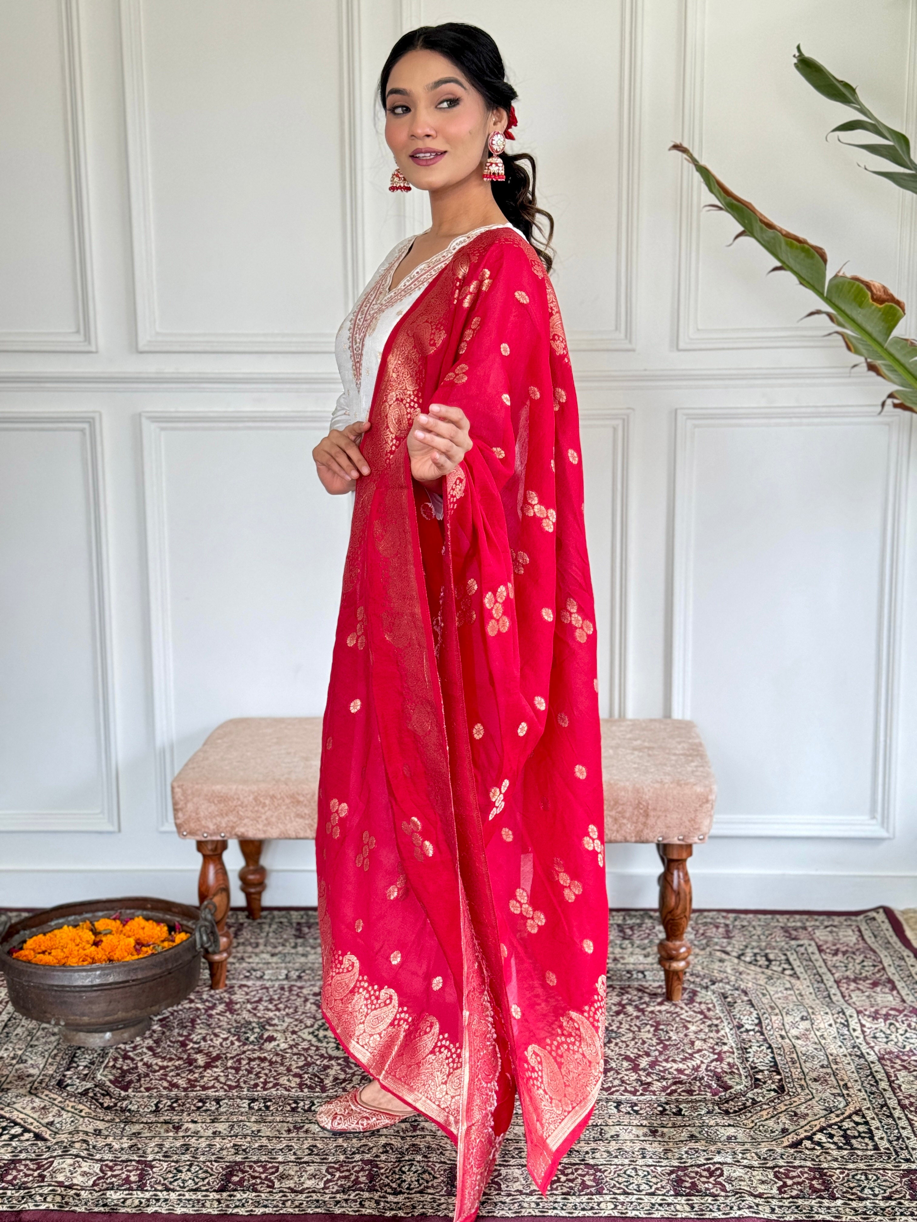 Women's White Jaquard Embroidered Kurta Set with Red Dupatta, 3/4 Sleeve, A-Line
