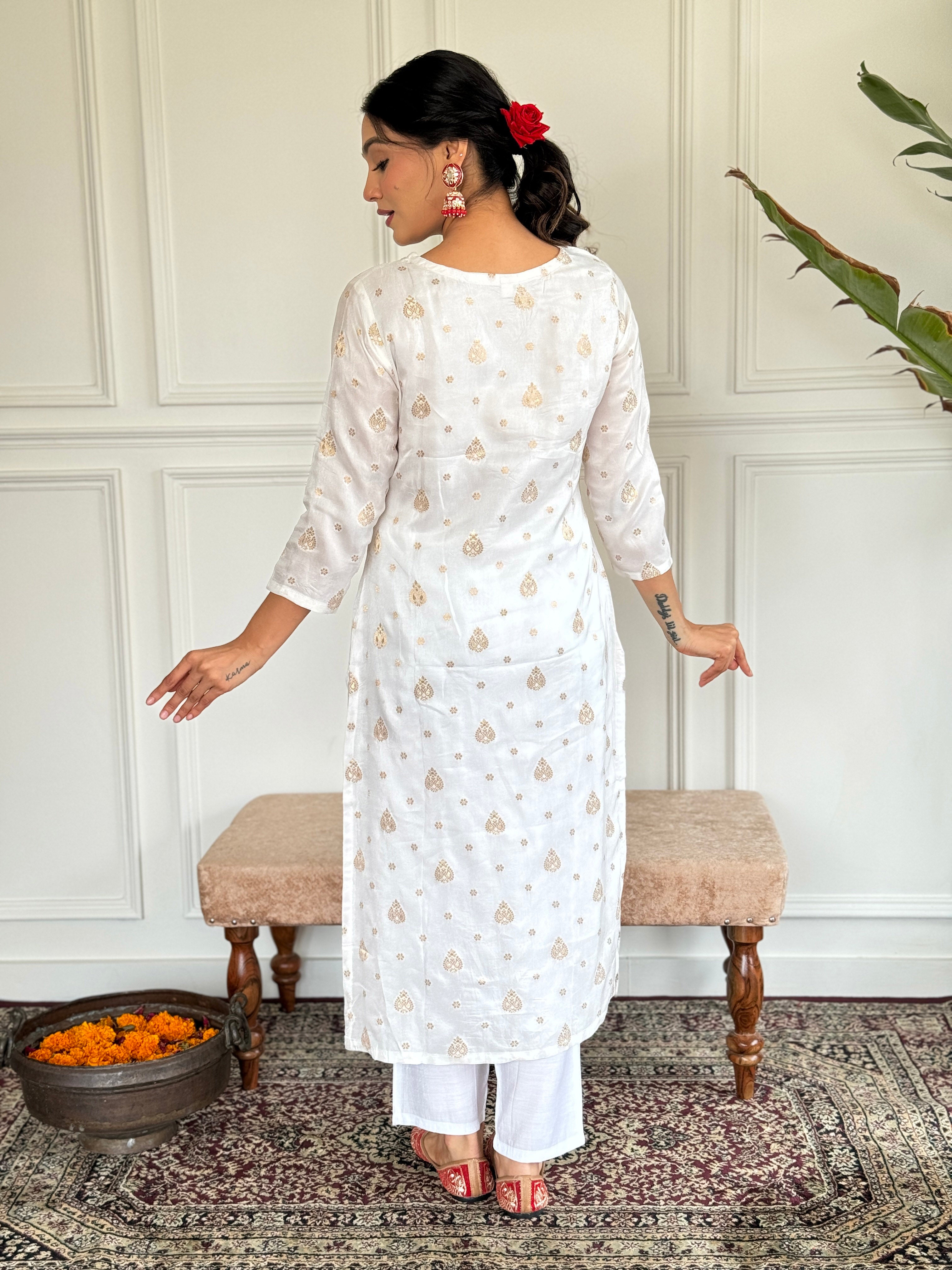 Women's White Jaquard Embroidered Kurta Set with Red Dupatta, 3/4 Sleeve, A-Line