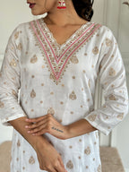 Women's White Jaquard Embroidered Kurta Set with Red Dupatta, 3/4 Sleeve, A-Line