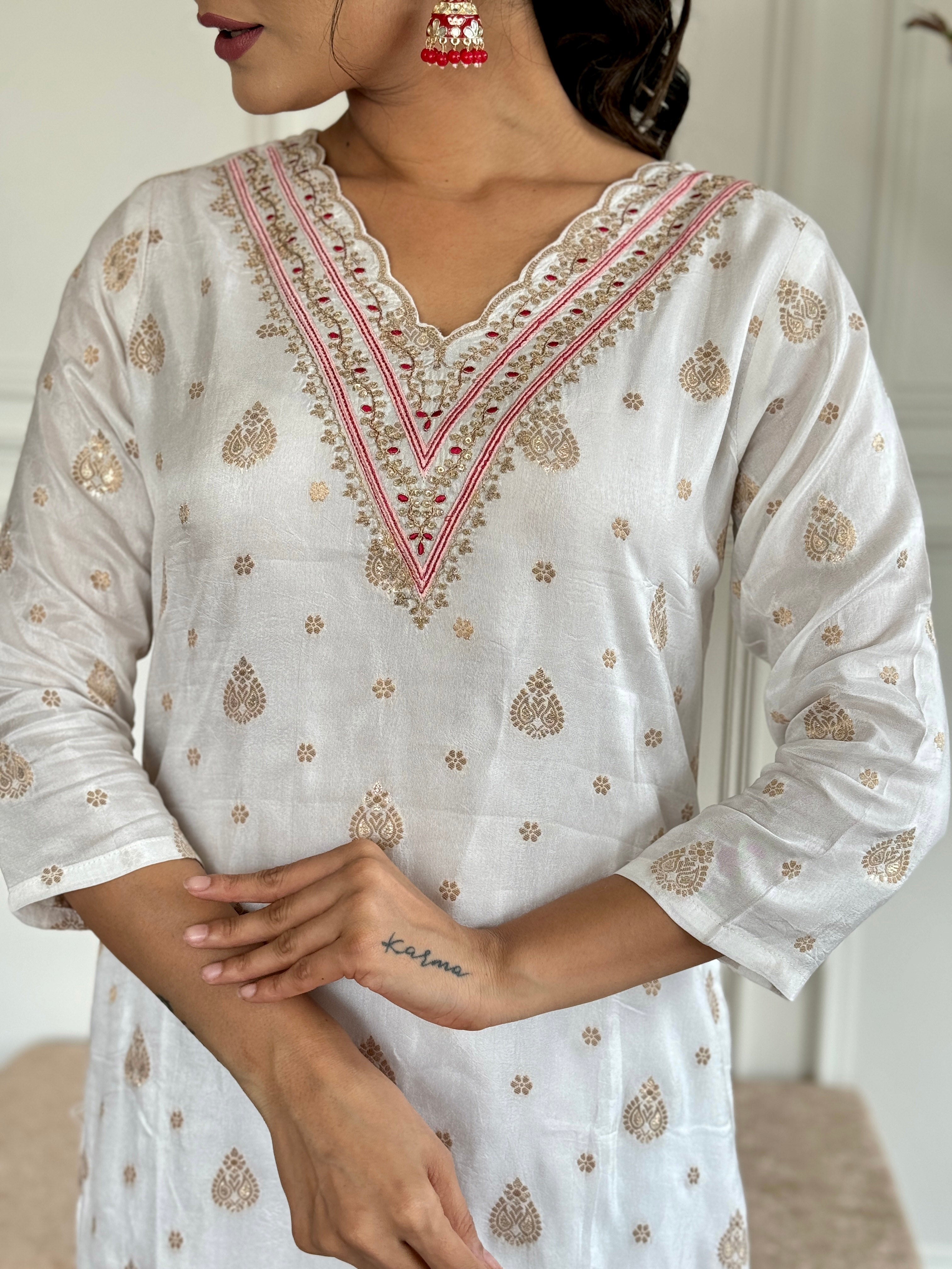 Women's White Jaquard Embroidered Kurta Set with Red Dupatta, 3/4 Sleeve, A-Line