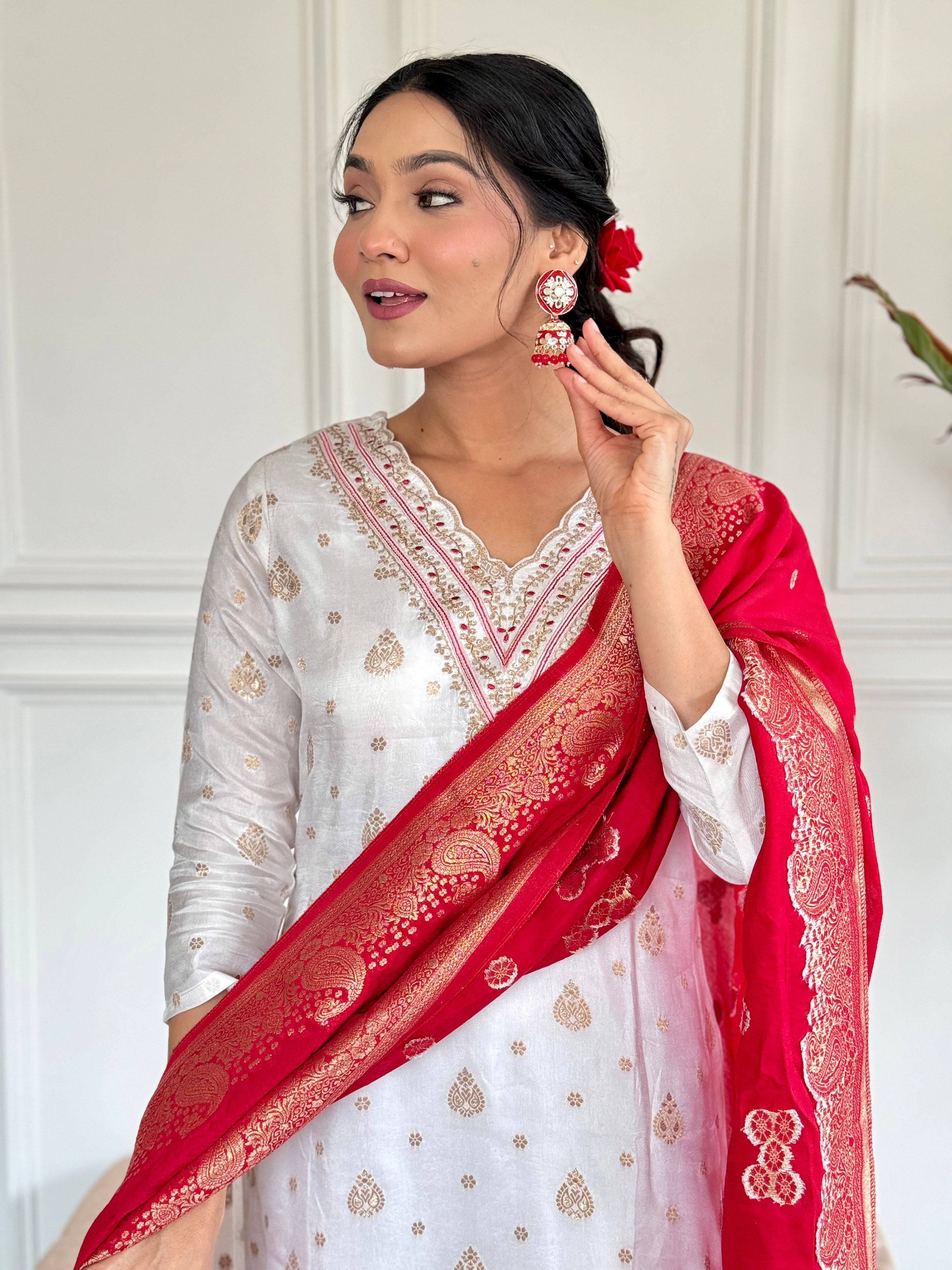 Women's White Jaquard Embroidered Kurta Set with Red Dupatta, 3/4 Sleeve, A-Line