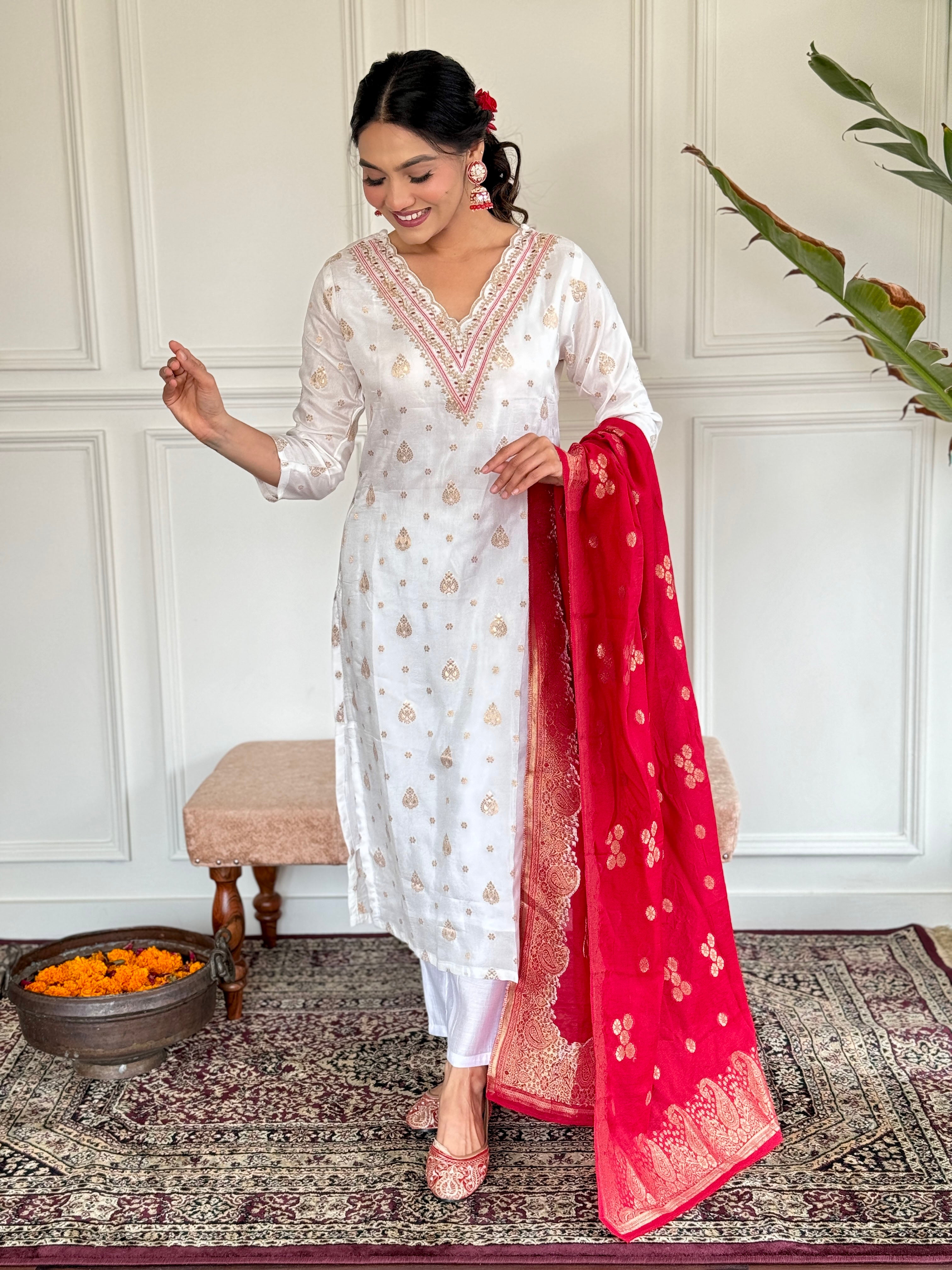 Women's White Jaquard Embroidered Kurta Set with Red Dupatta, 3/4 Sleeve, A-Line