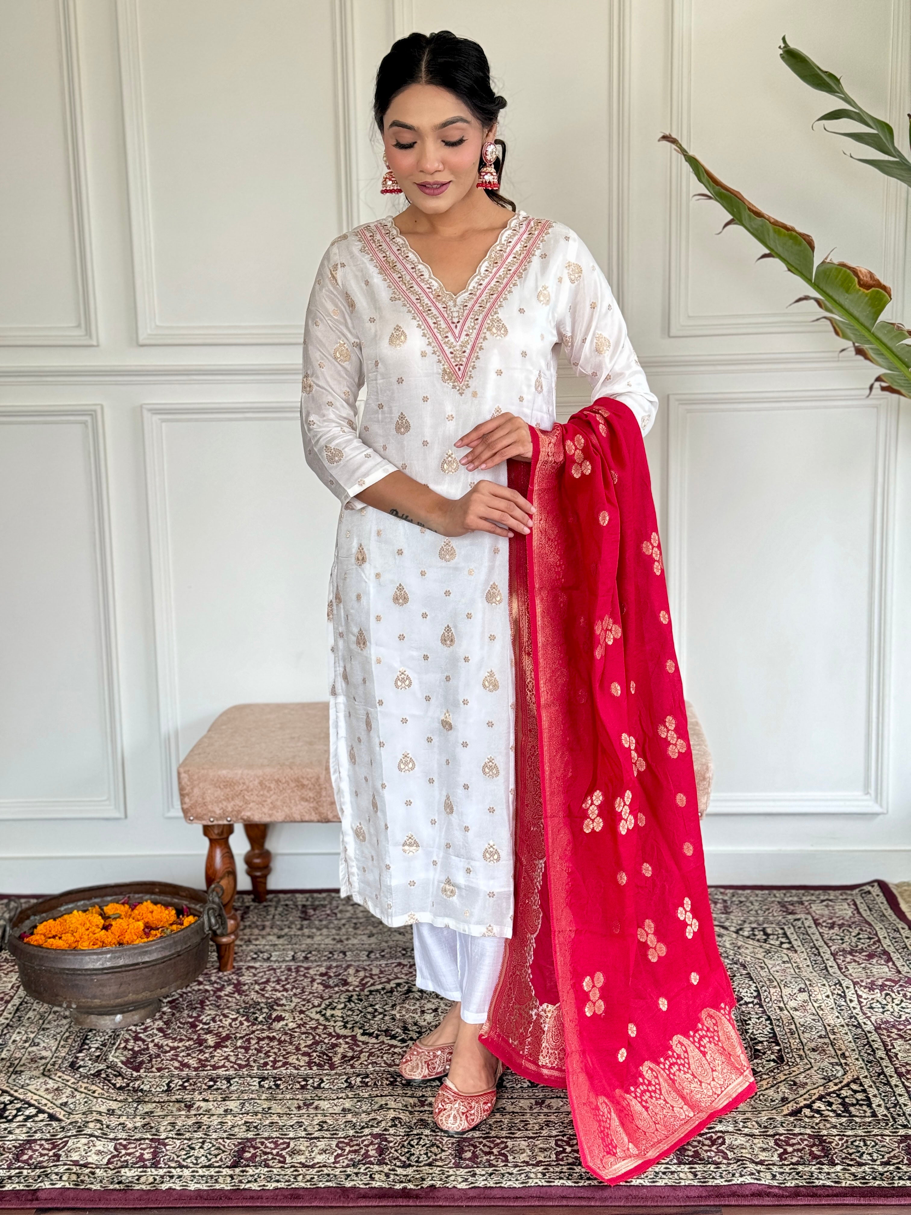 Women's White Jaquard Embroidered Kurta Set with Red Dupatta, 3/4 Sleeve, A-Line