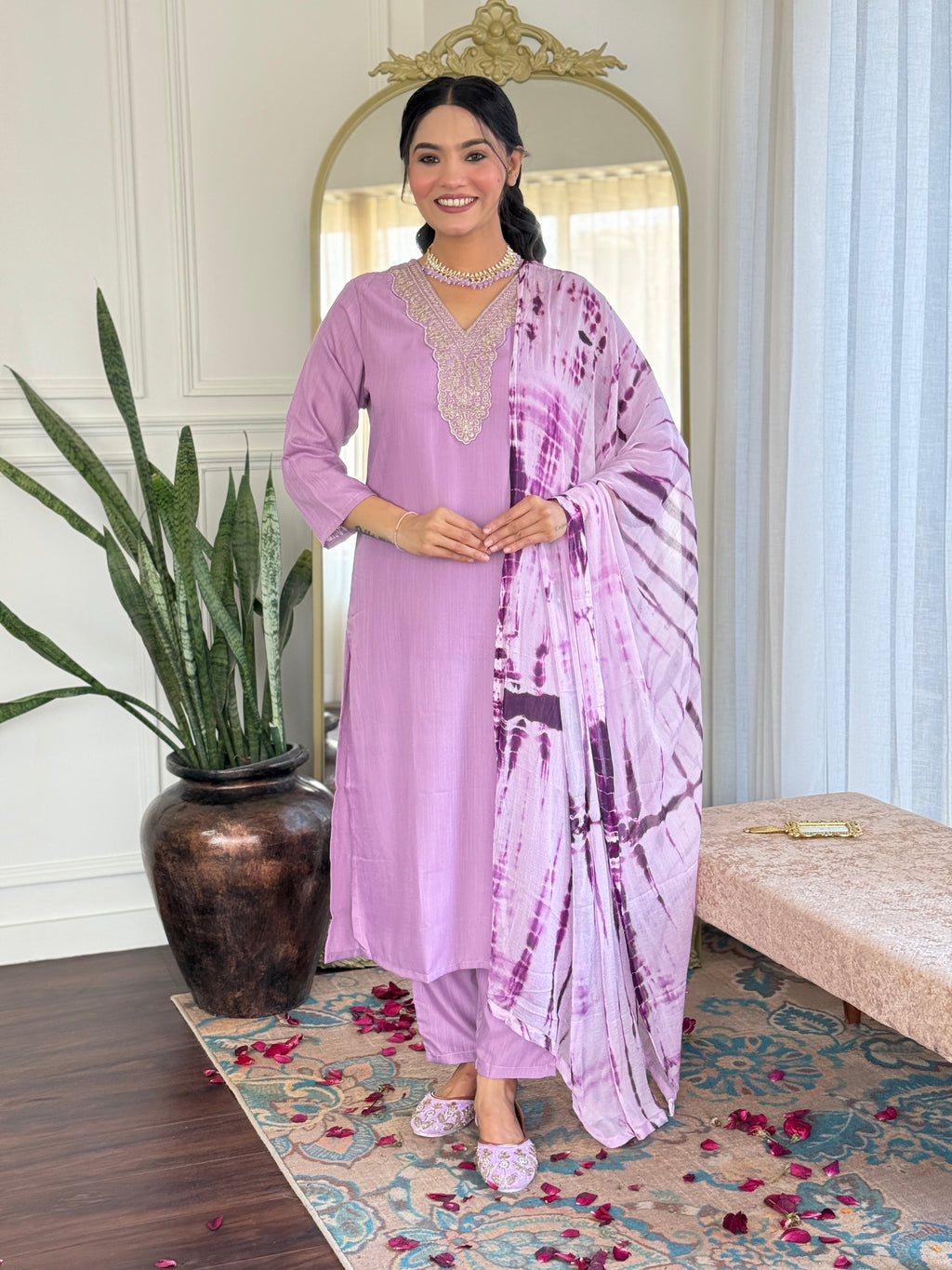 Women's Viscose Purple Slub Embroidered Kurta Set with Dupatta Set, V-Neck, 3/4 Sleeve, Regular Fit