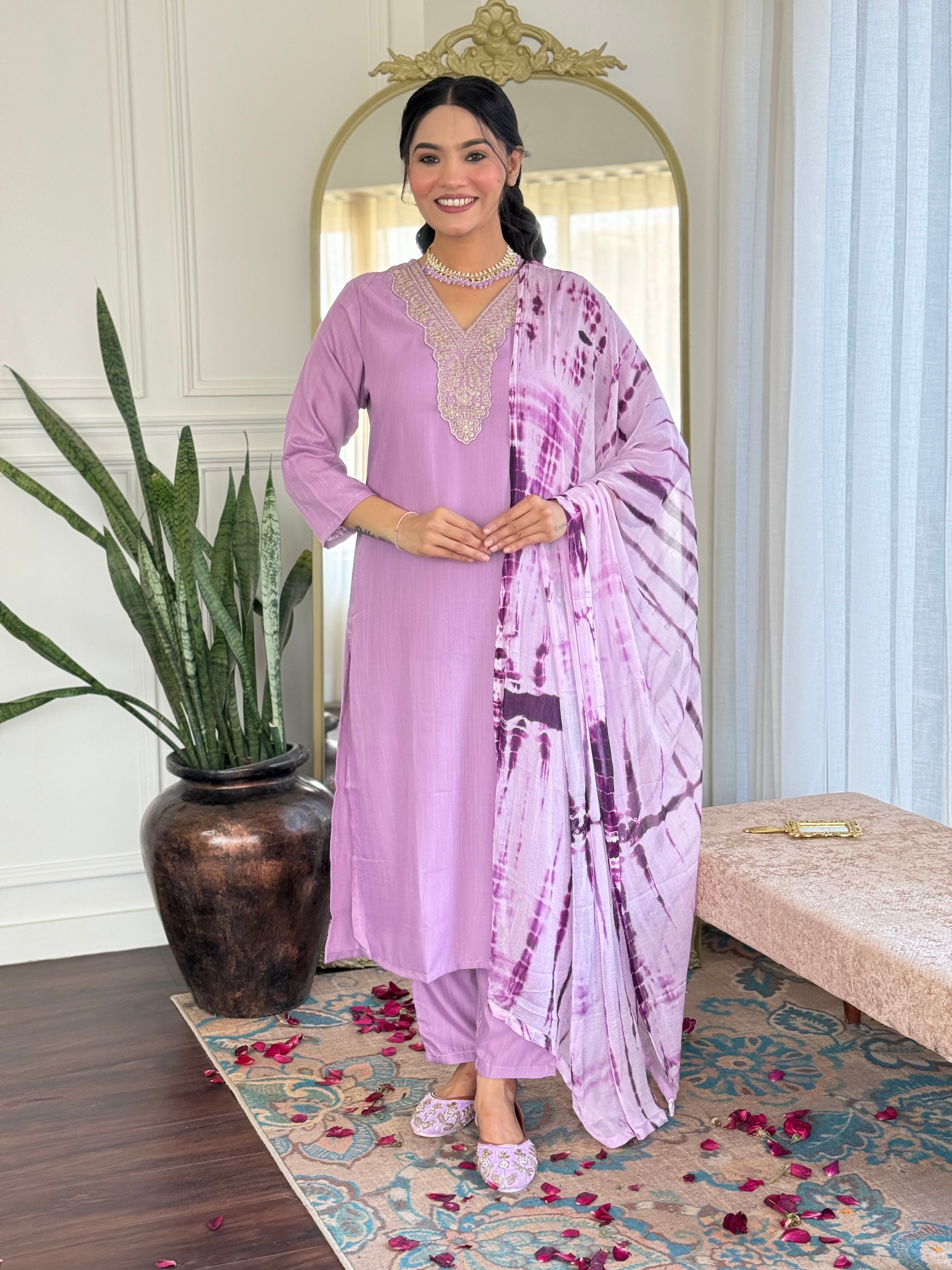 Women's Viscose Purple Slub Embroidered Kurta Set with Dupatta Set, V-Neck, 3/4 Sleeve, Regular Fit