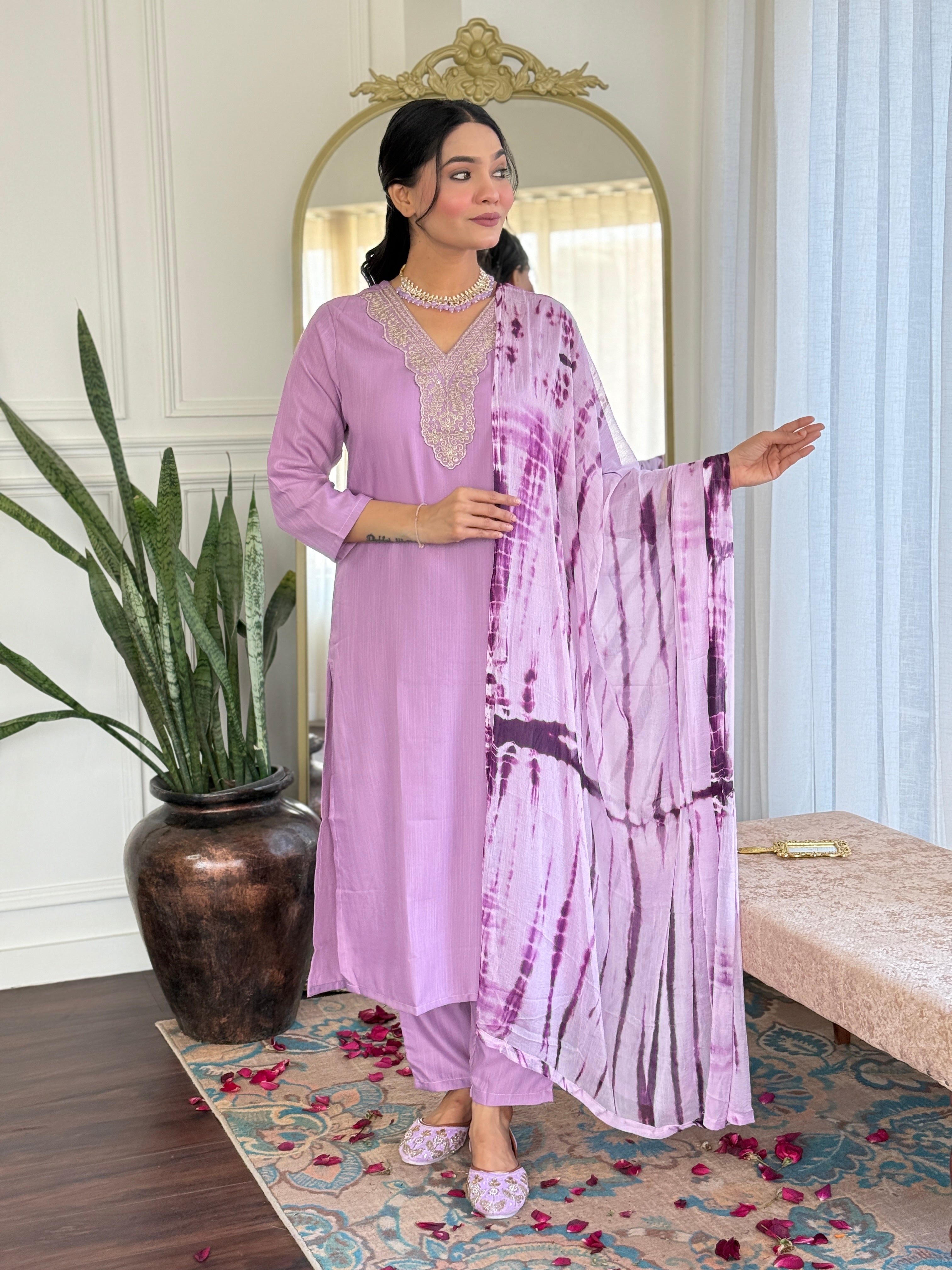 Women's Viscose Purple Slub Embroidered Kurta Set with Dupatta Set, V-Neck, 3/4 Sleeve, Regular Fit