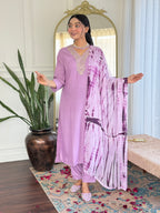 Women's Viscose Purple Slub Embroidered Kurta Set with Dupatta Set, V-Neck, 3/4 Sleeve, Regular Fit