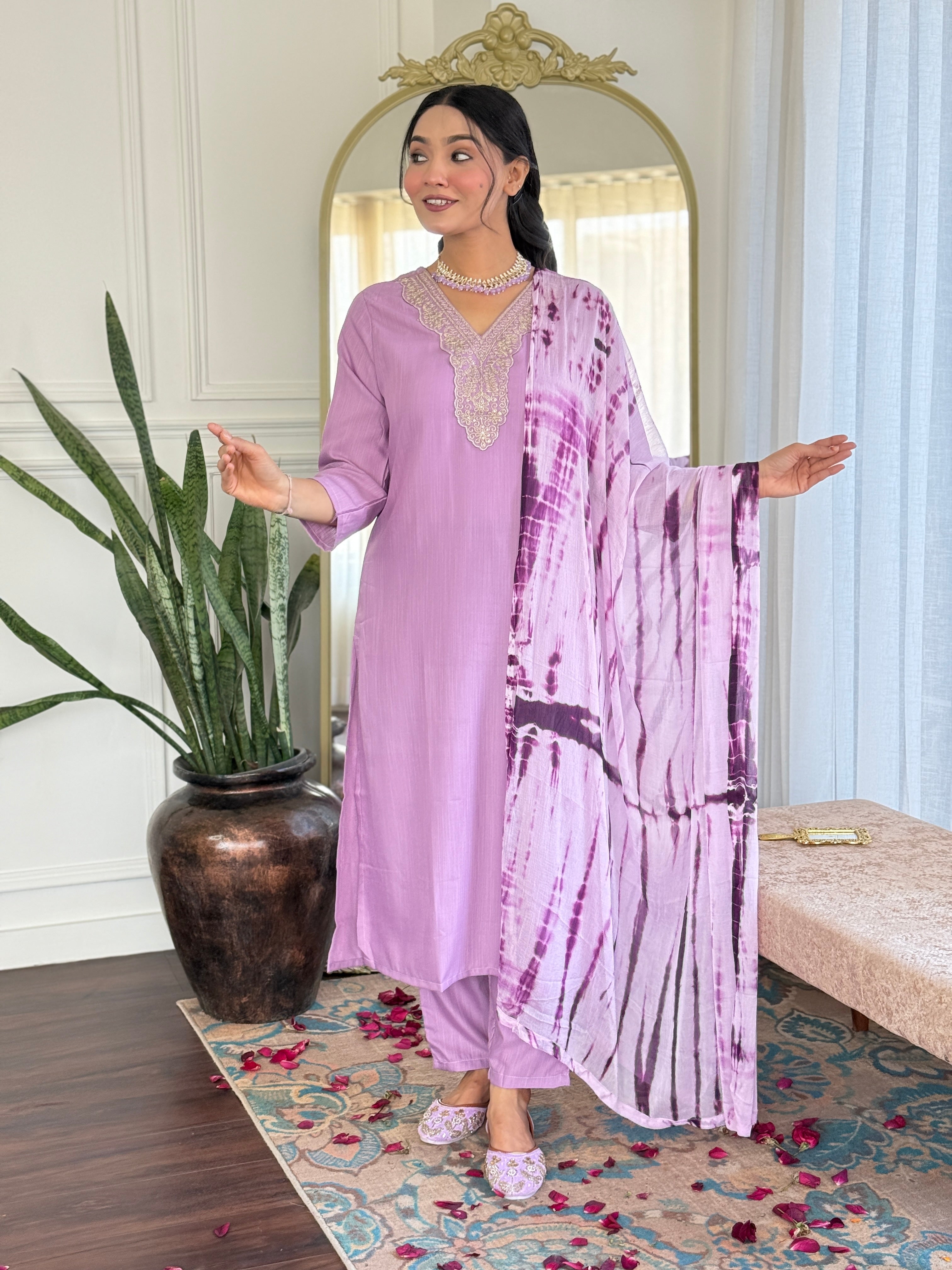 Women's Viscose Purple Slub Embroidered Kurta Set with Dupatta Set, V-Neck, 3/4 Sleeve, Regular Fit