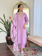 Women's Viscose Purple Slub Embroidered Kurta Set with Dupatta Set, V-Neck, 3/4 Sleeve, Regular Fit