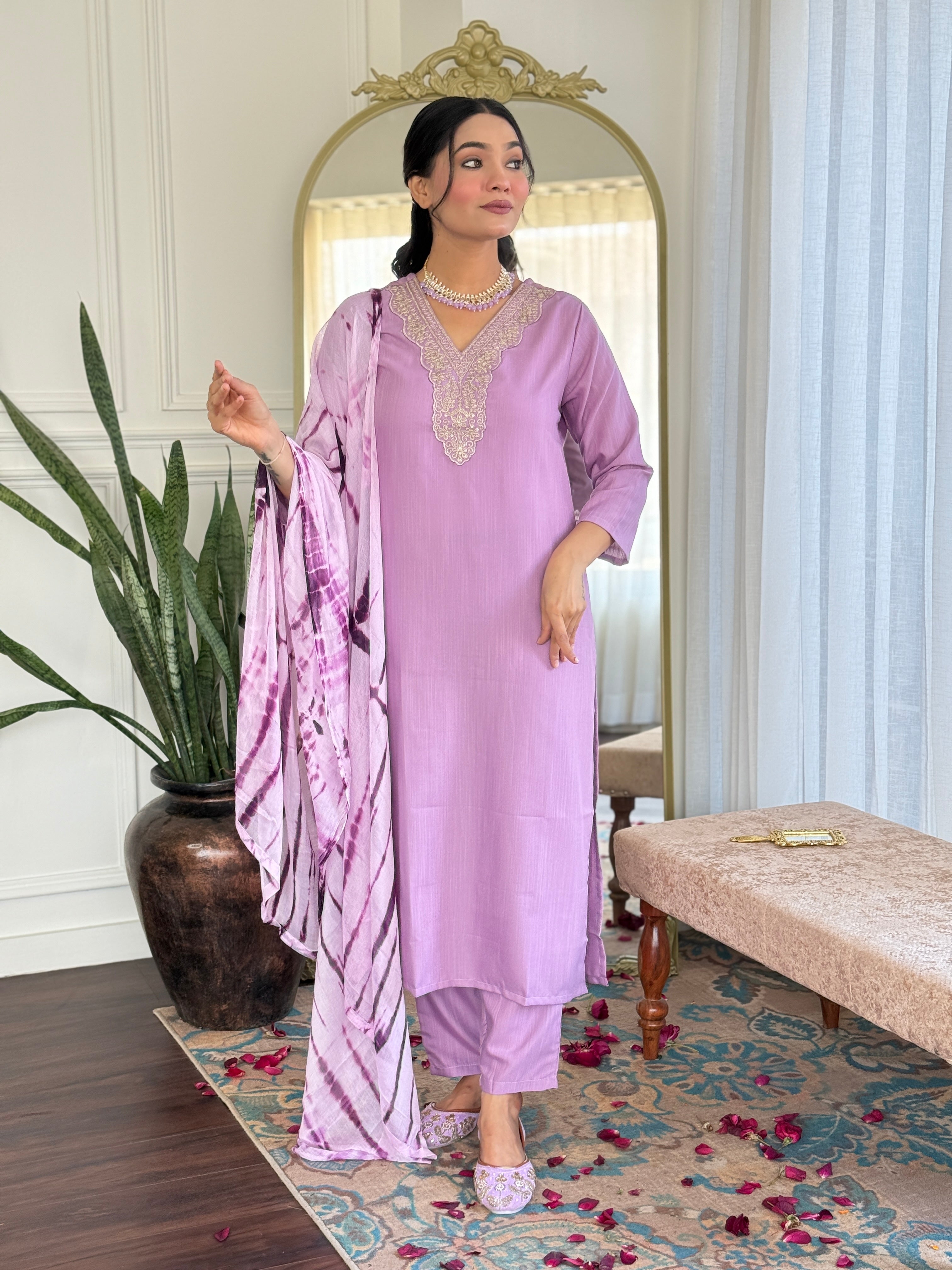 Women's Viscose Purple Slub Embroidered Kurta Set with Dupatta Set, V-Neck, 3/4 Sleeve, Regular Fit