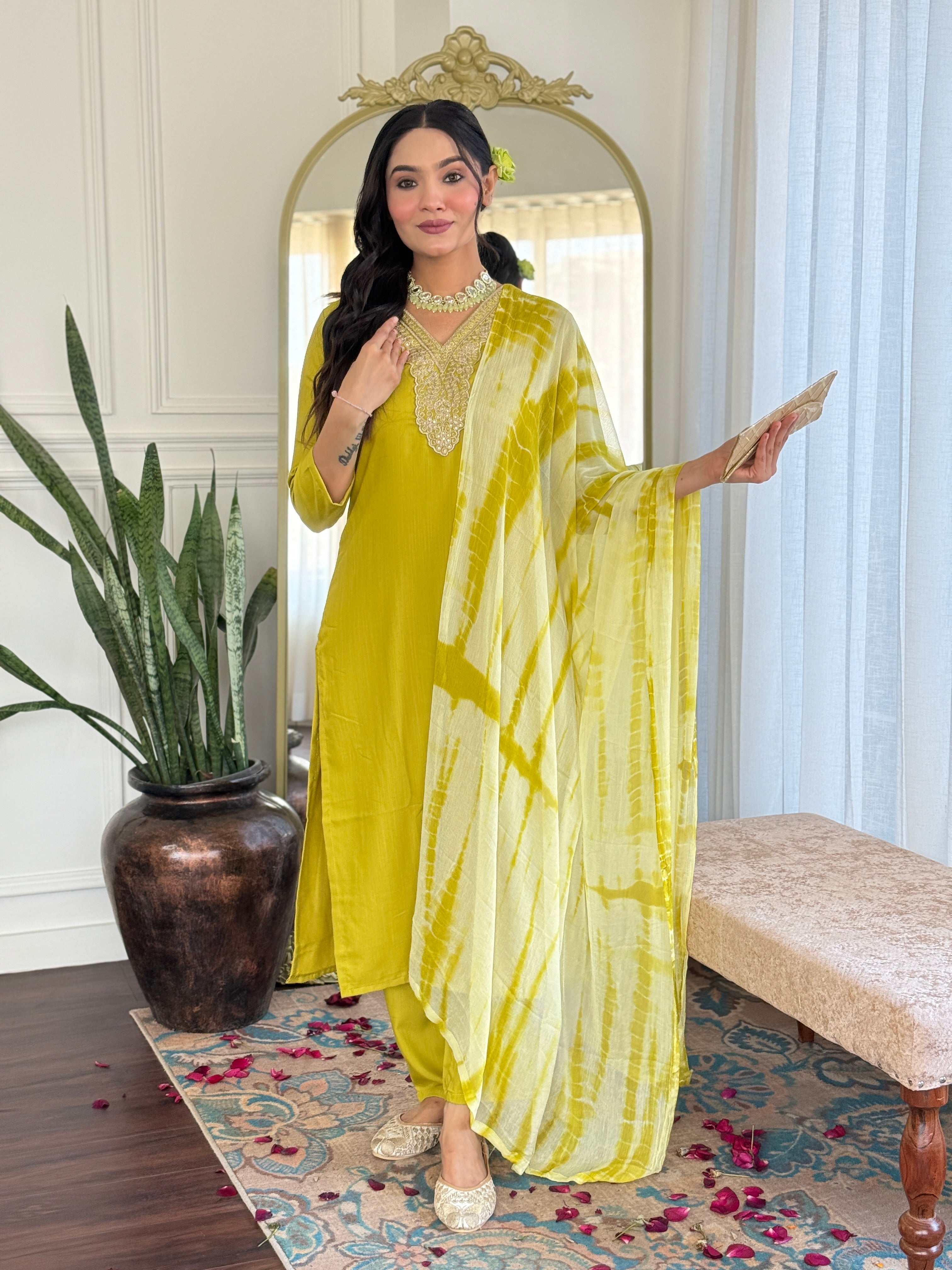 Women's Viscose Yellow  Slub Embroidered Kurta Set with Dupatta Set, V-Neck, 3/4 Sleeve, Regular Fit