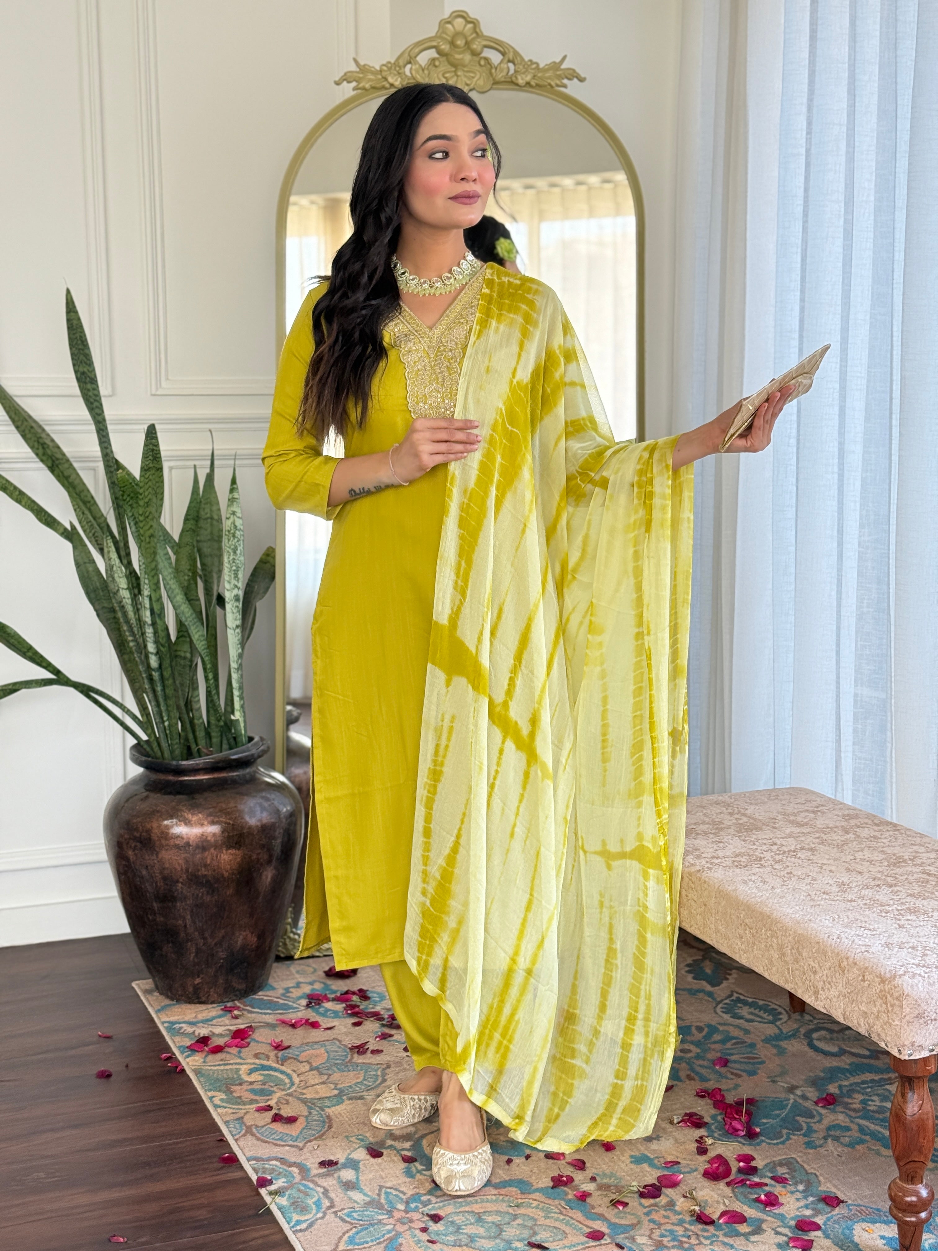 Women's Viscose Yellow  Slub Embroidered Kurta Set with Dupatta Set, V-Neck, 3/4 Sleeve, Regular Fit