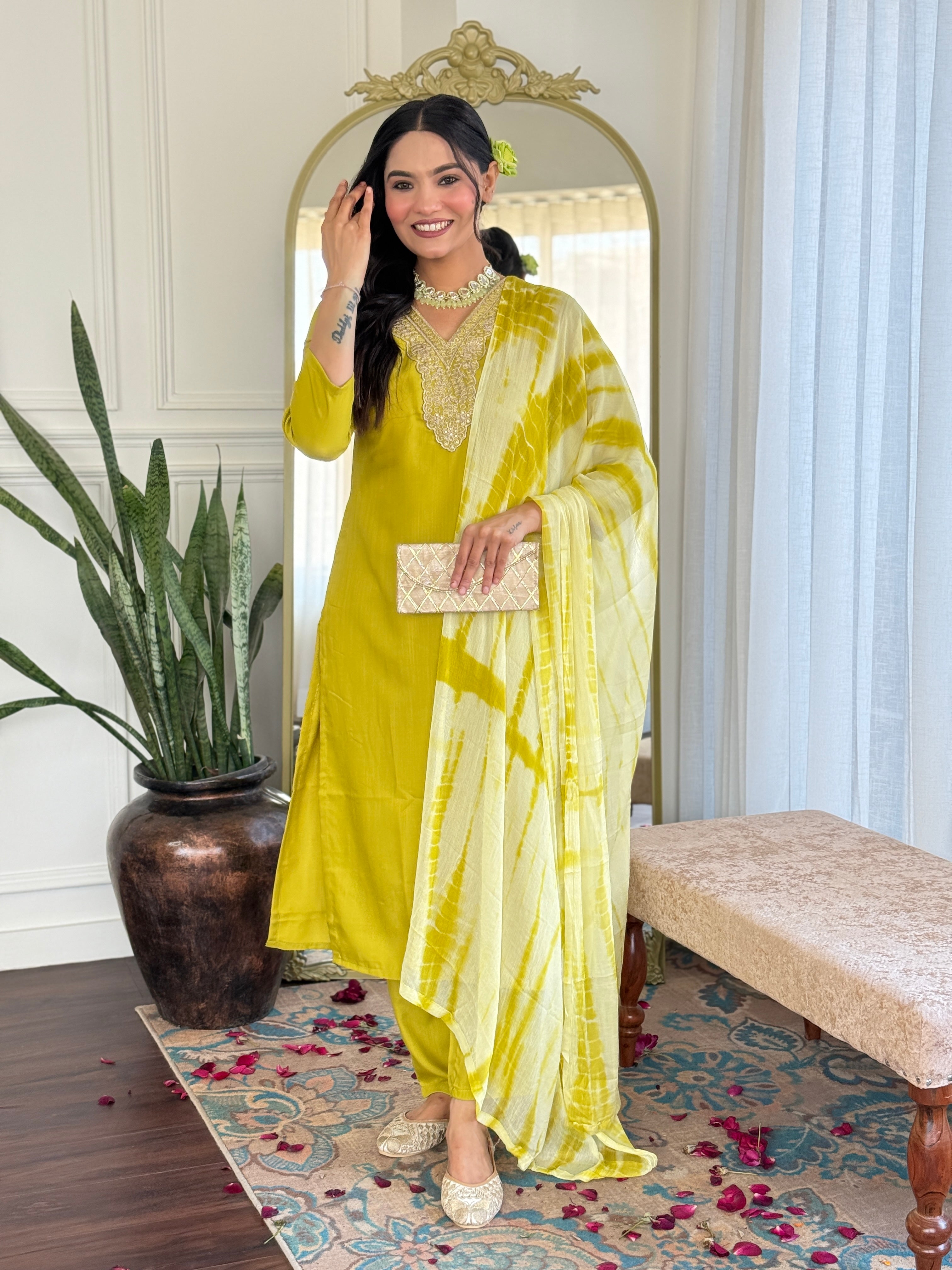 Women's Viscose Yellow  Slub Embroidered Kurta Set with Dupatta Set, V-Neck, 3/4 Sleeve, Regular Fit