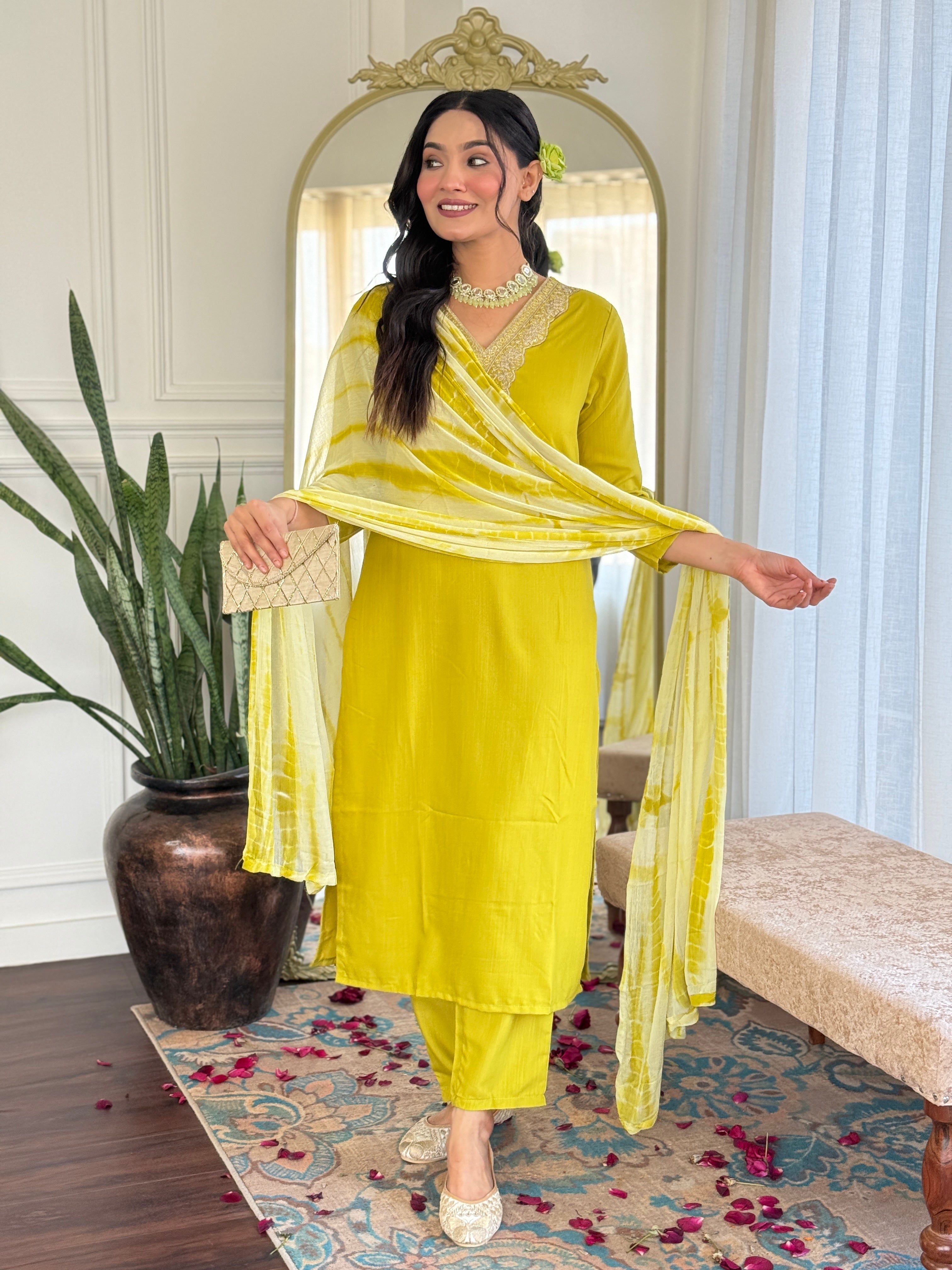 Women's Viscose Yellow  Slub Embroidered Kurta Set with Dupatta Set, V-Neck, 3/4 Sleeve, Regular Fit