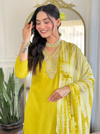 Women's Viscose Yellow  Slub Embroidered Kurta Set with Dupatta Set, V-Neck, 3/4 Sleeve, Regular Fit