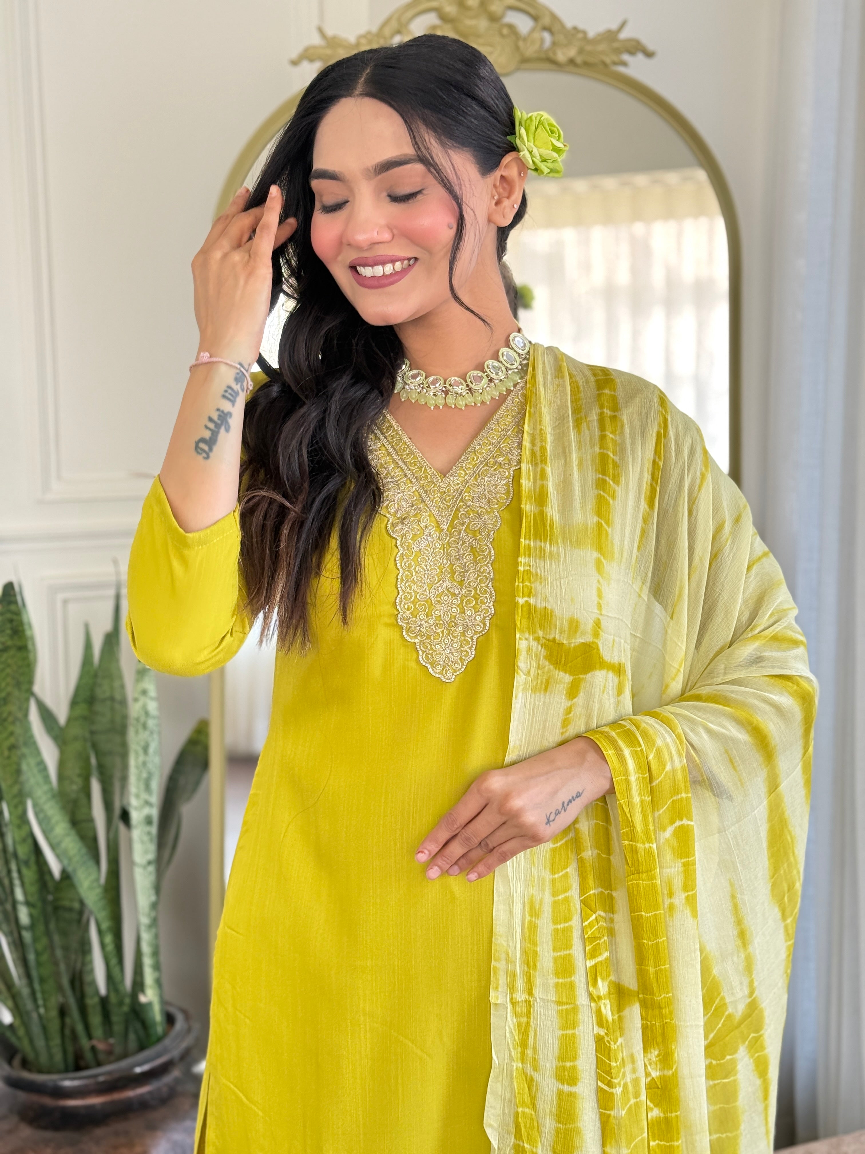 Women's Viscose Yellow  Slub Embroidered Kurta Set with Dupatta Set, V-Neck, 3/4 Sleeve, Regular Fit