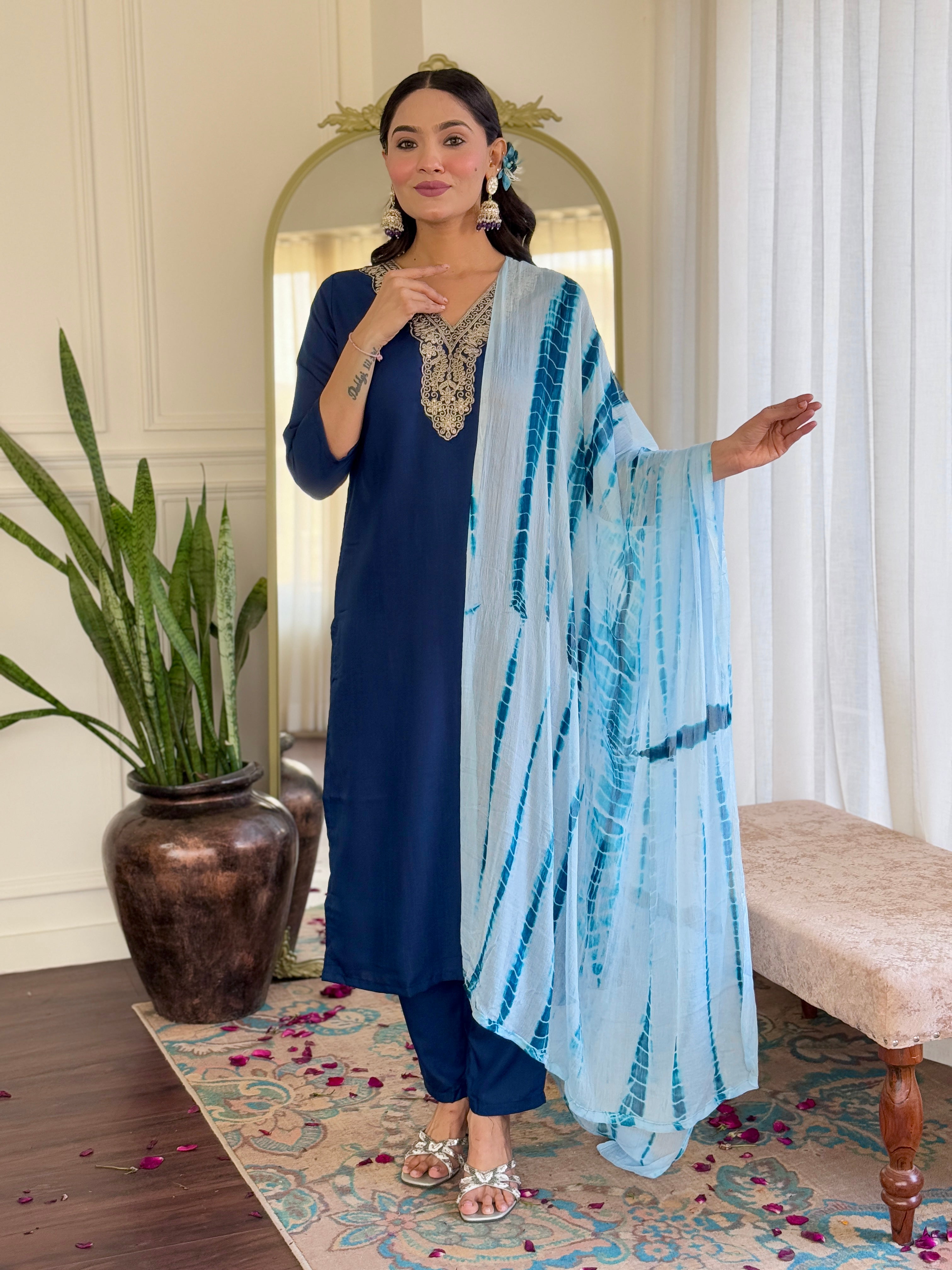 Women's Viscose Navy Blue Slub Embroidered Kurta Set with Dupatta Set, V-Neck, 3/4 Sleeve, Regular Fit
