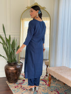 Women's Viscose Navy Blue Slub Embroidered Kurta Set with Dupatta Set, V-Neck, 3/4 Sleeve, Regular Fit