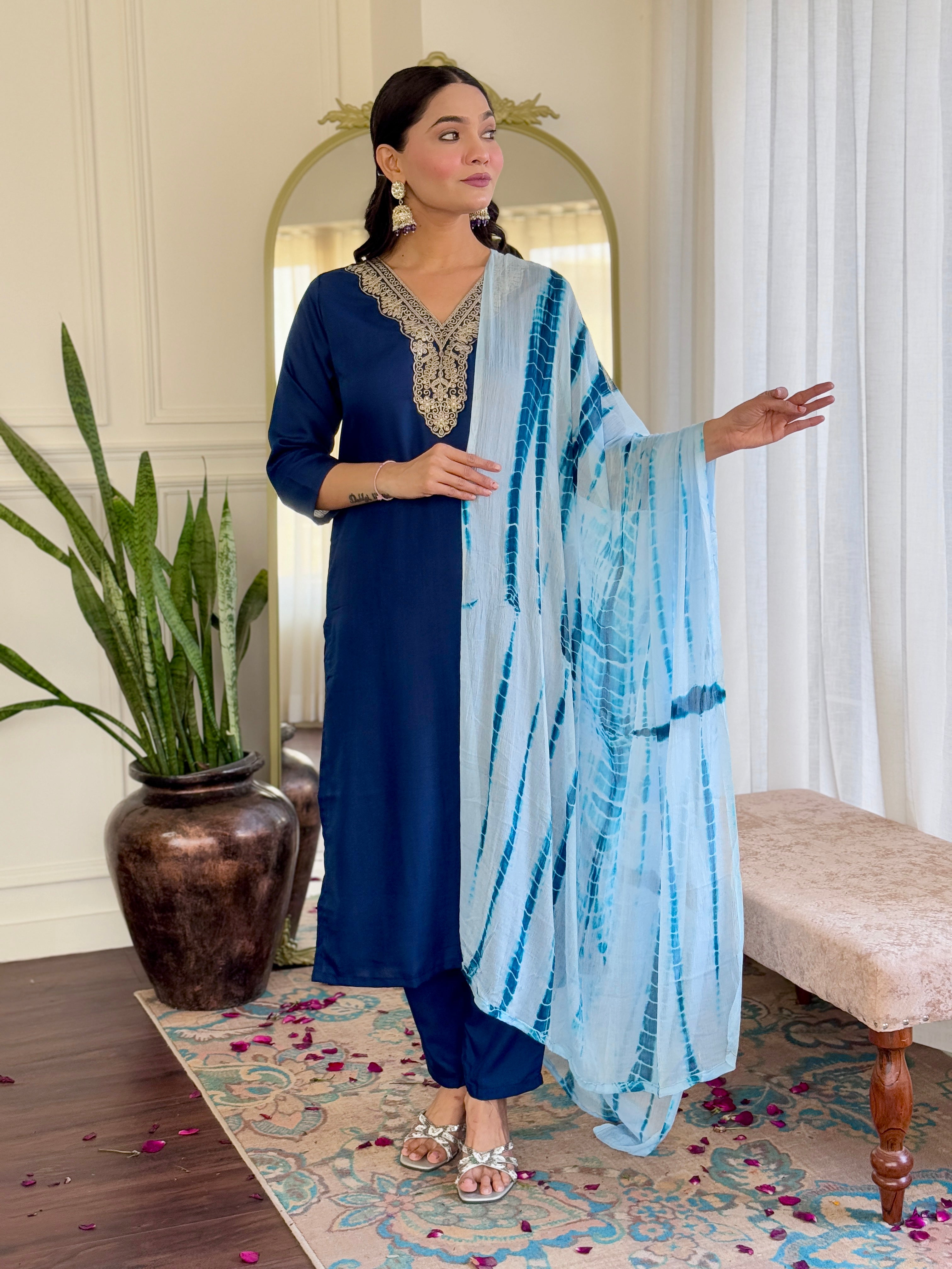 Women's Viscose Navy Blue Slub Embroidered Kurta Set with Dupatta Set, V-Neck, 3/4 Sleeve, Regular Fit