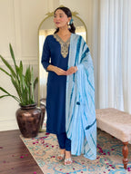 Women's Viscose Navy Blue Slub Embroidered Kurta Set with Dupatta Set, V-Neck, 3/4 Sleeve, Regular Fit