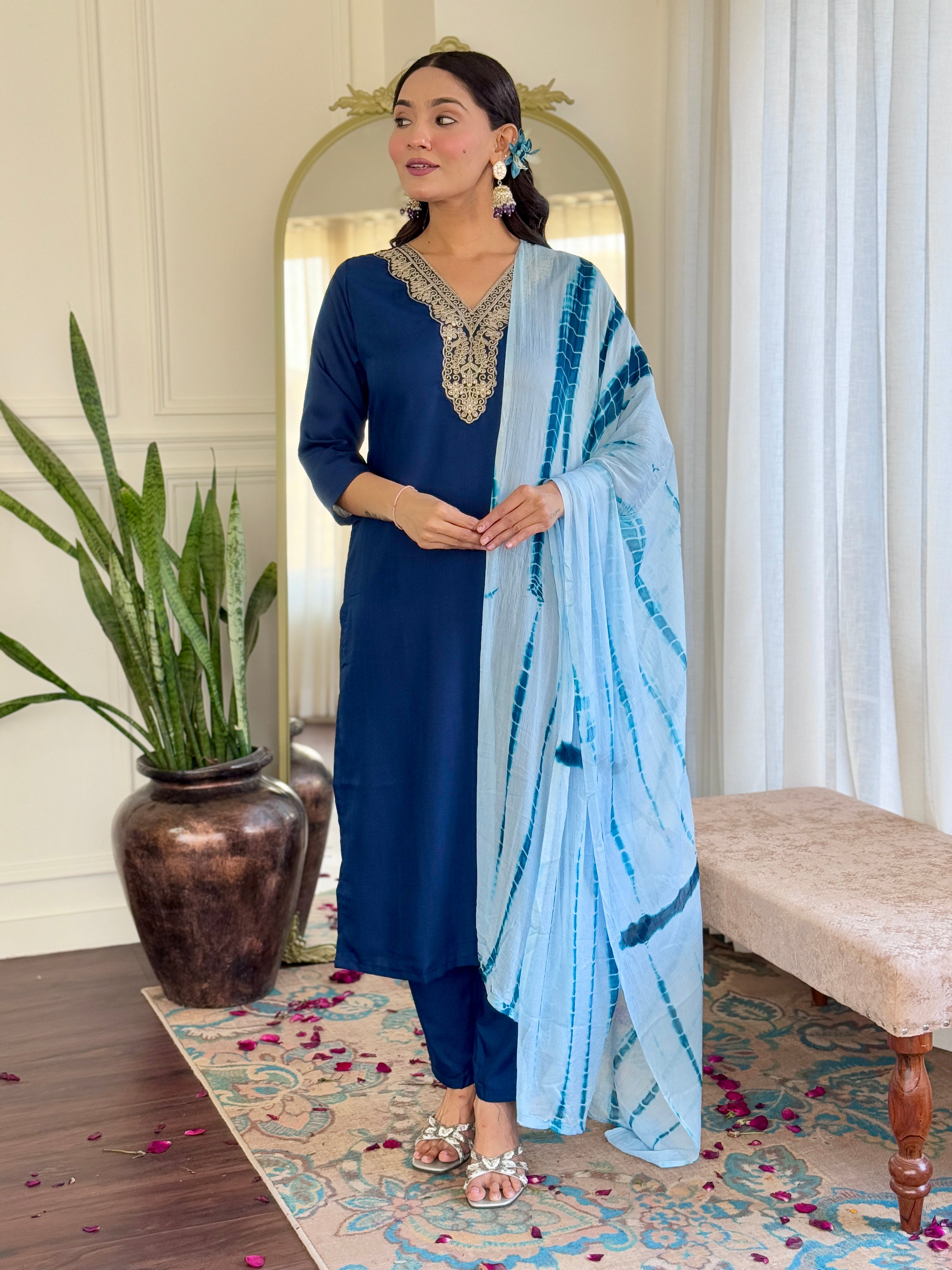 Women's Viscose Navy Blue Slub Embroidered Kurta Set with Dupatta Set, V-Neck, 3/4 Sleeve, Regular Fit