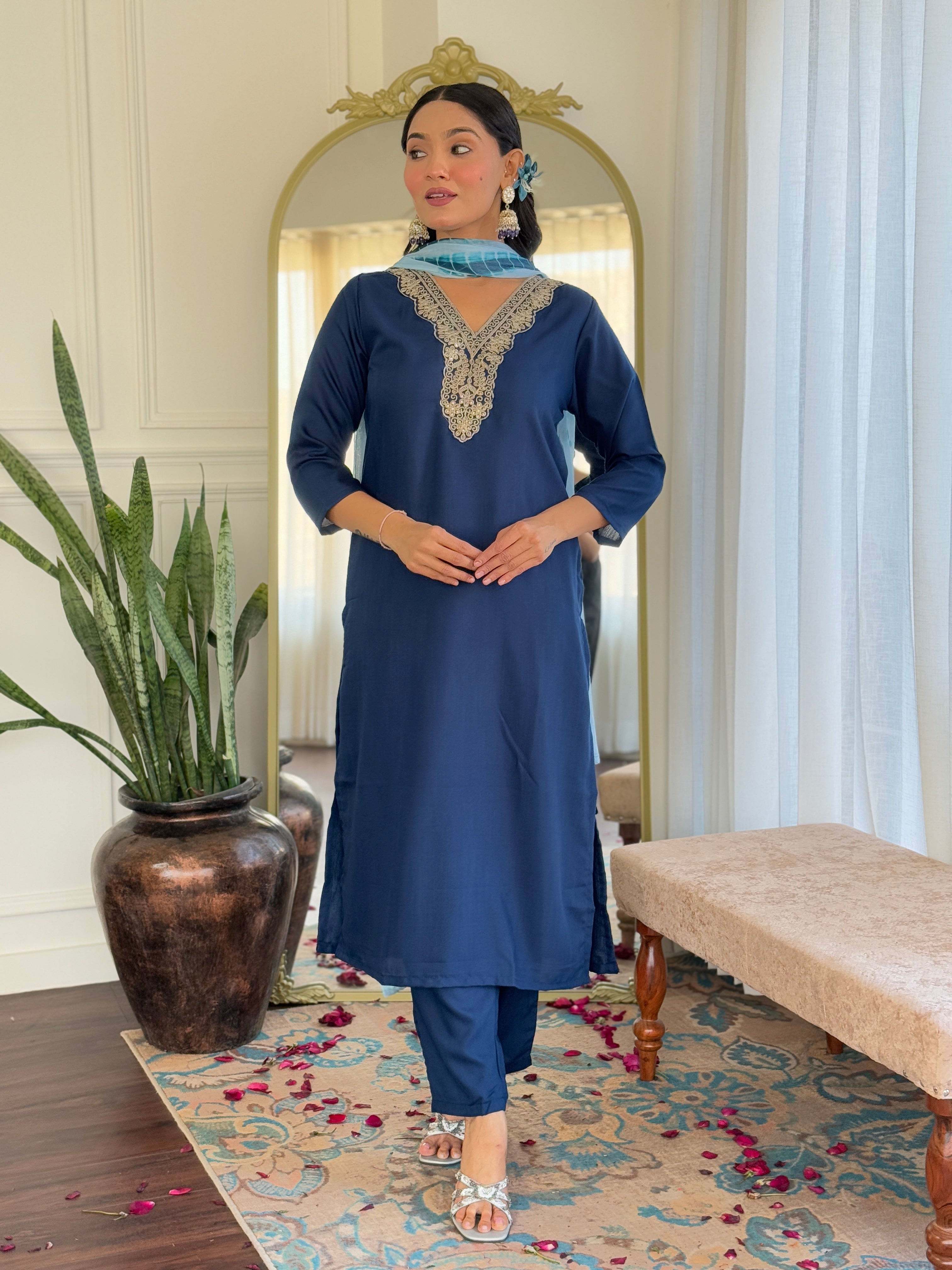 Women's Viscose Navy Blue Slub Embroidered Kurta Set with Dupatta Set, V-Neck, 3/4 Sleeve, Regular Fit