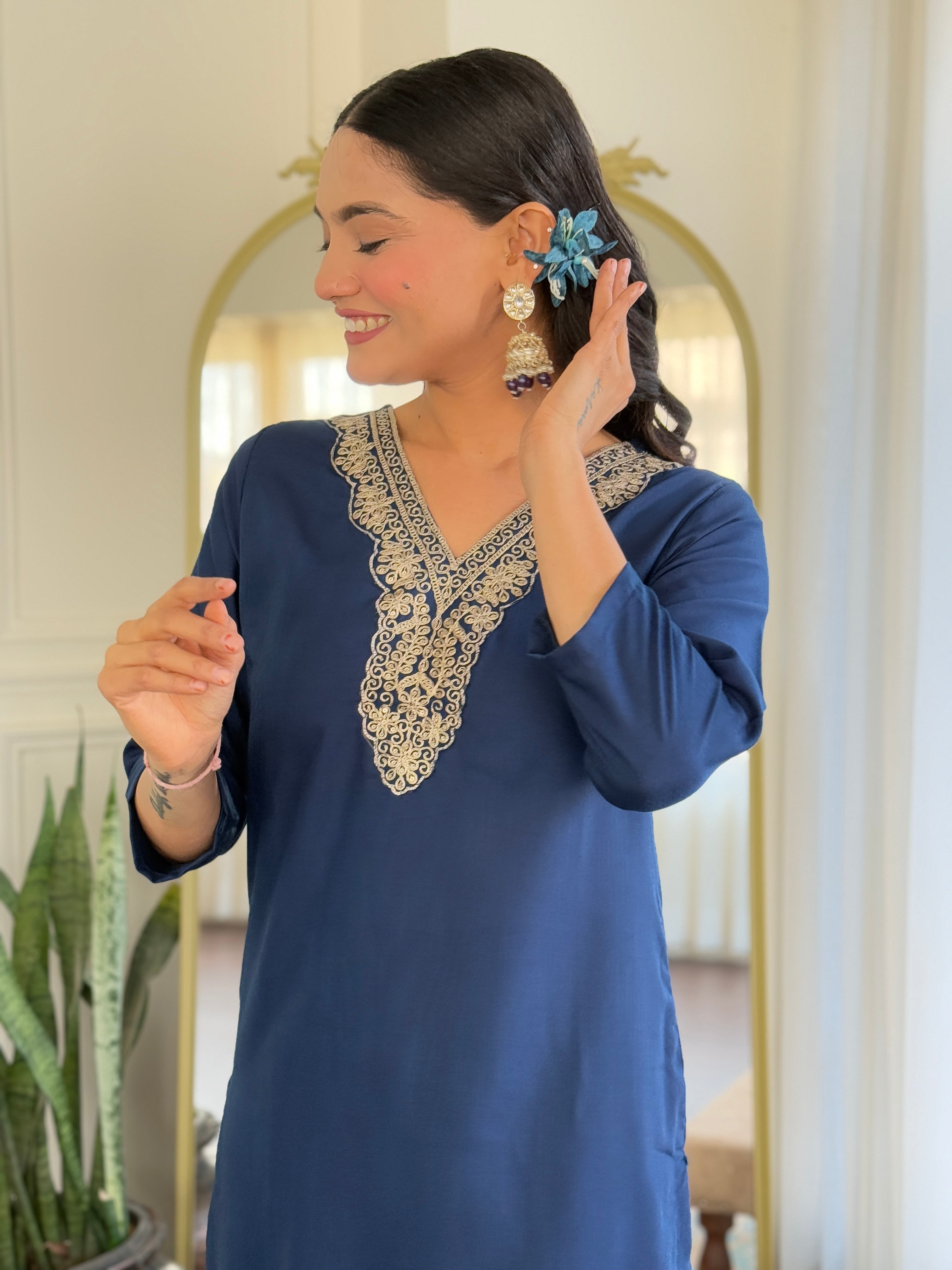 Women's Viscose Navy Blue Slub Embroidered Kurta Set with Dupatta Set, V-Neck, 3/4 Sleeve, Regular Fit