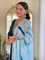 Women's Viscose Navy Blue Slub Embroidered Kurta Set with Dupatta Set, V-Neck, 3/4 Sleeve, Regular Fit