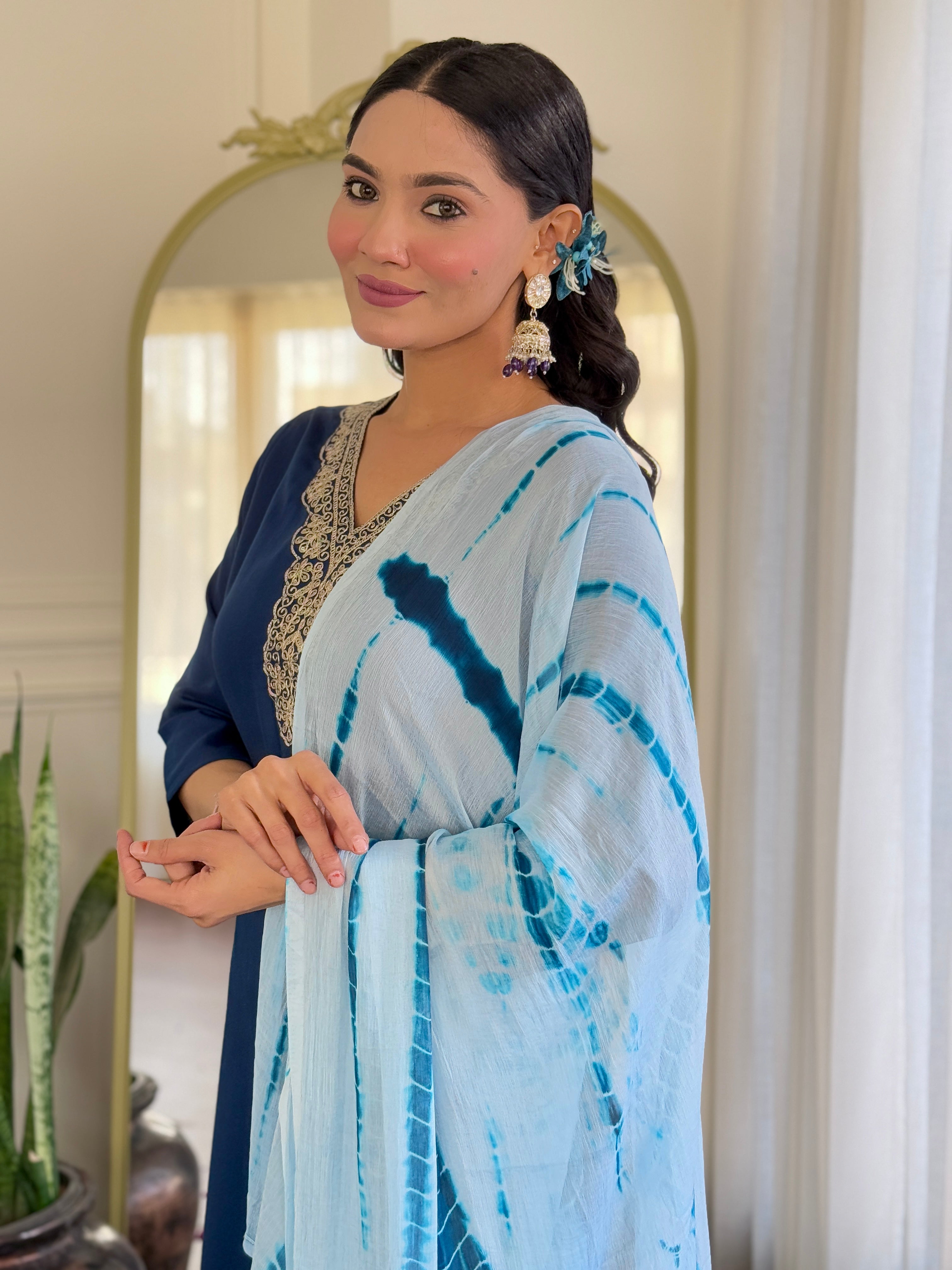 Women's Viscose Navy Blue Slub Embroidered Kurta Set with Dupatta Set, V-Neck, 3/4 Sleeve, Regular Fit