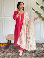 Women's Chanderi Pink Kurta Set with Dupatta, Round Neck, Embroidered A-Line Design, White Dupatta