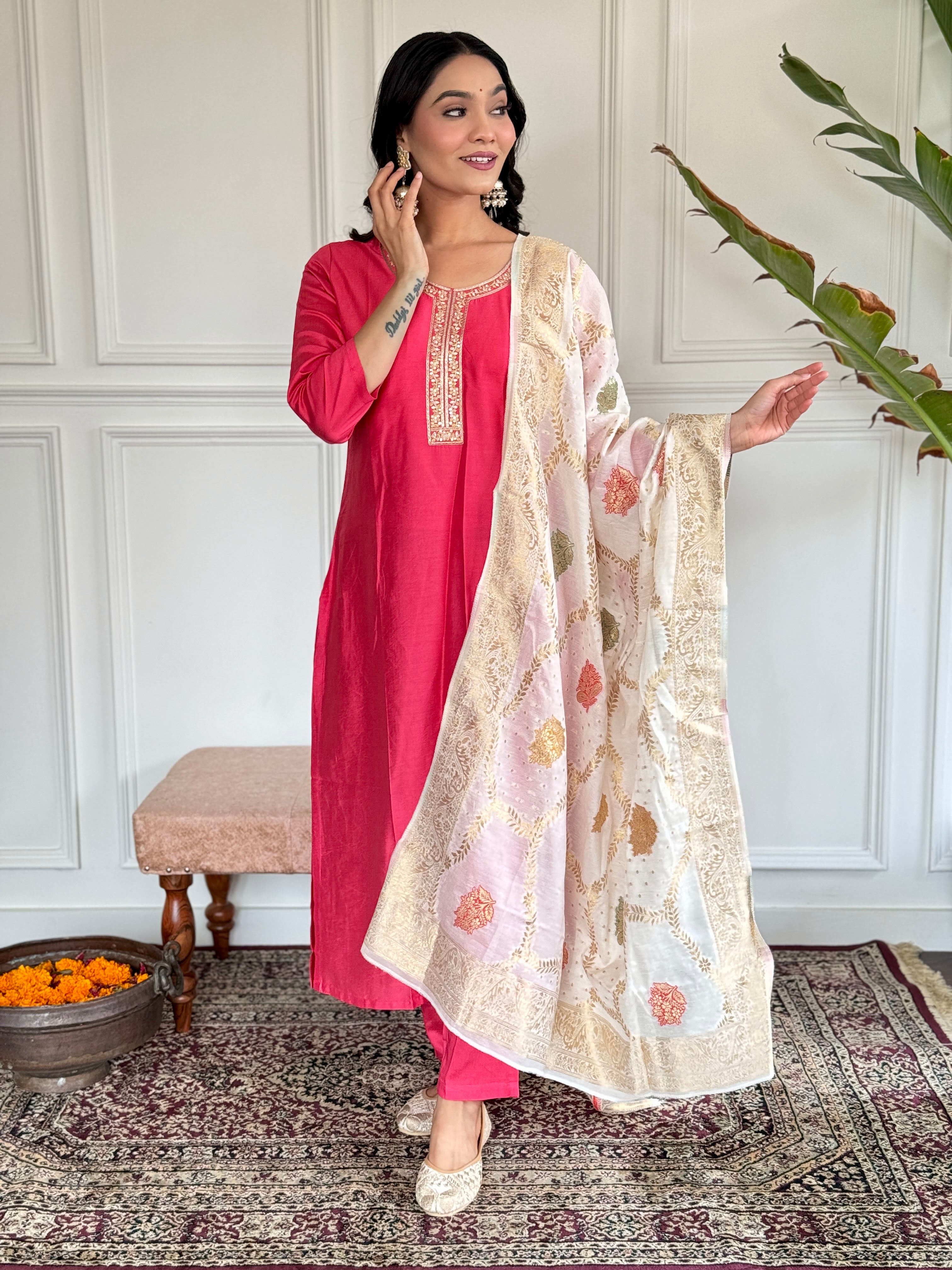 Women's Chanderi Pink Kurta Set with Dupatta, Round Neck, Embroidered A-Line Design, White Dupatta