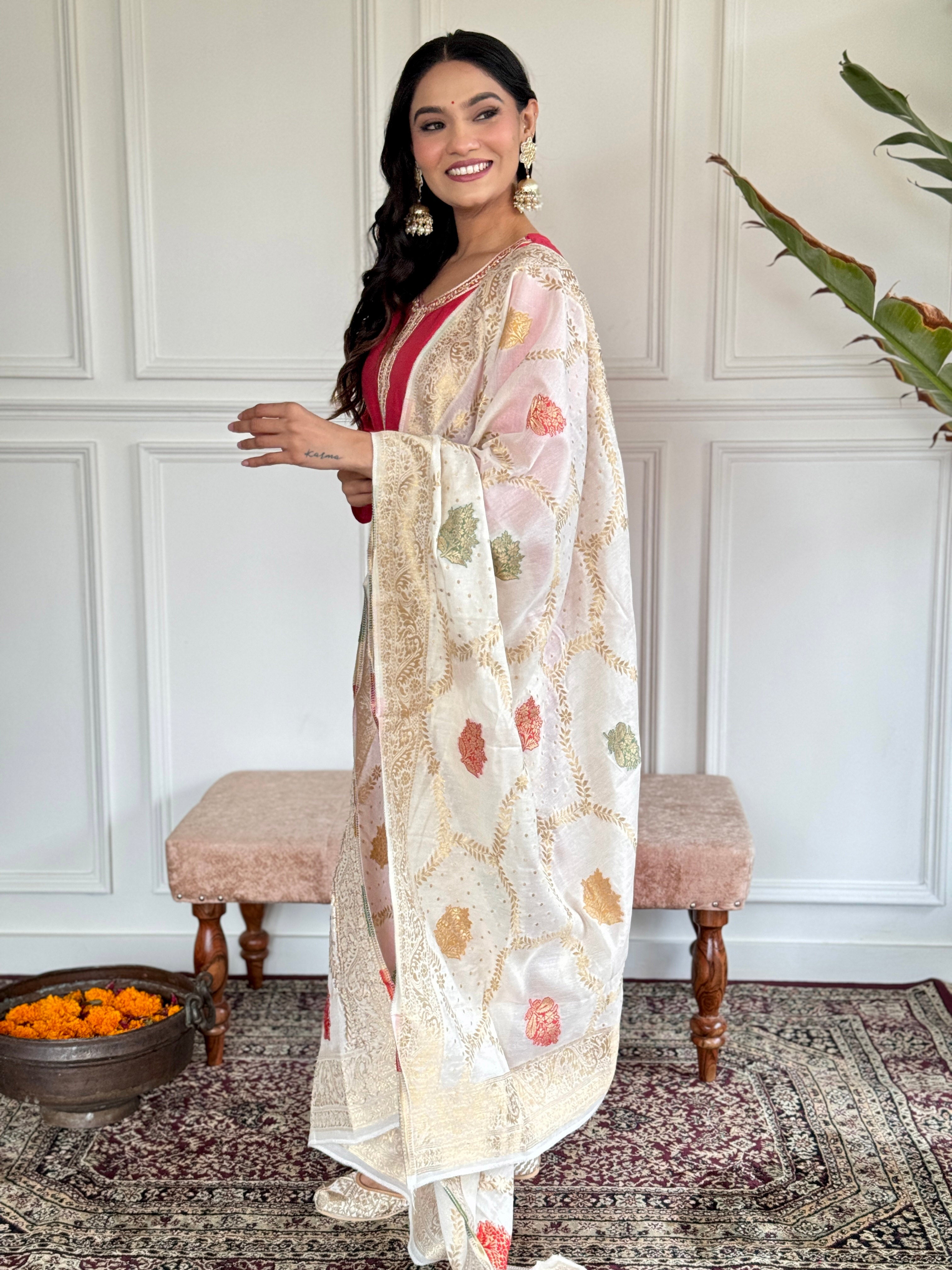 Women's Chanderi Pink Kurta Set with Dupatta, Round Neck, Embroidered A-Line Design, White Dupatta