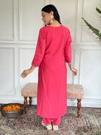 Women's Chanderi Pink Kurta Set with Dupatta, Round Neck, Embroidered A-Line Design, White Dupatta