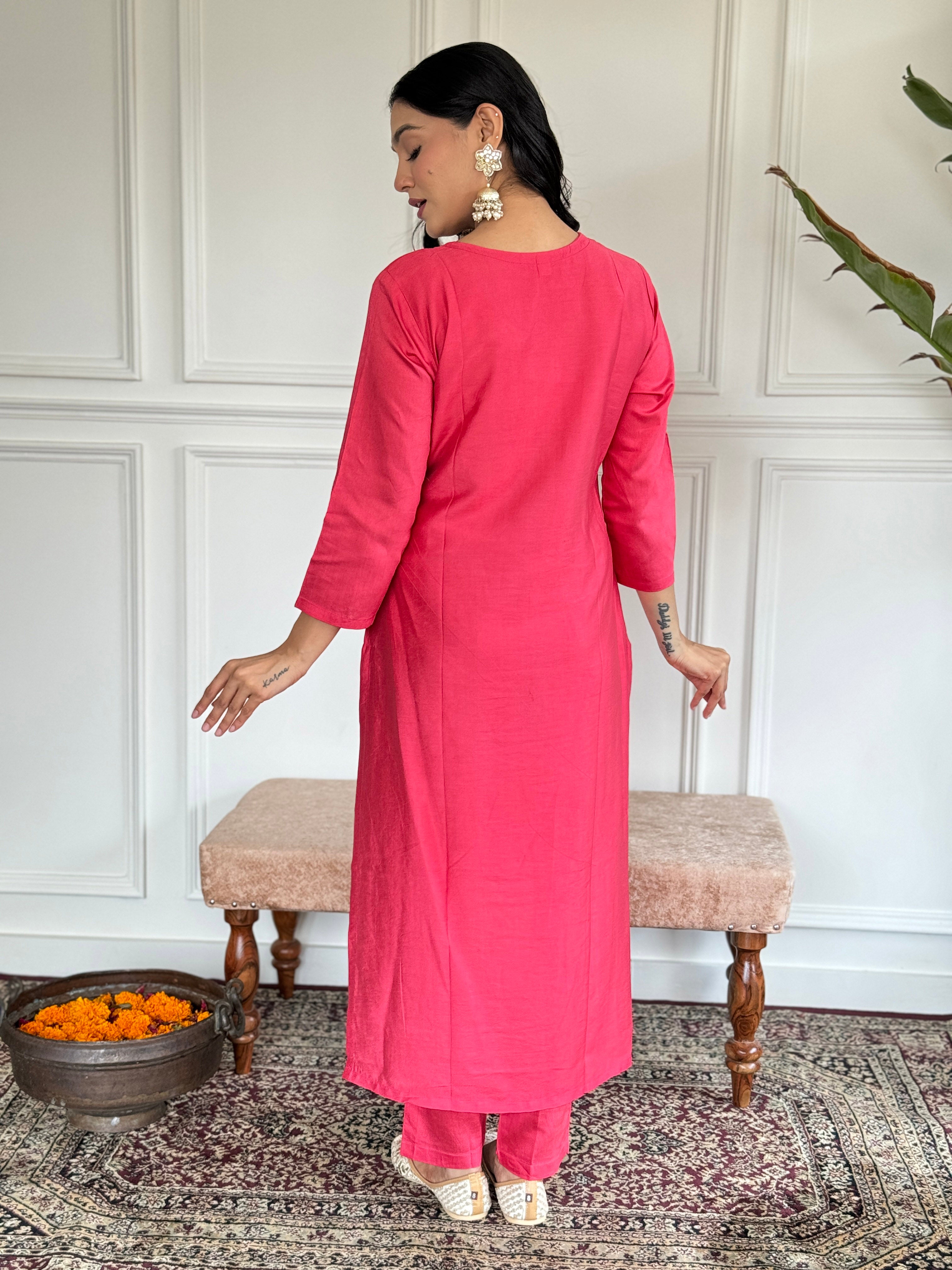 Women's Chanderi Pink Kurta Set with Dupatta, Round Neck, Embroidered A-Line Design, White Dupatta