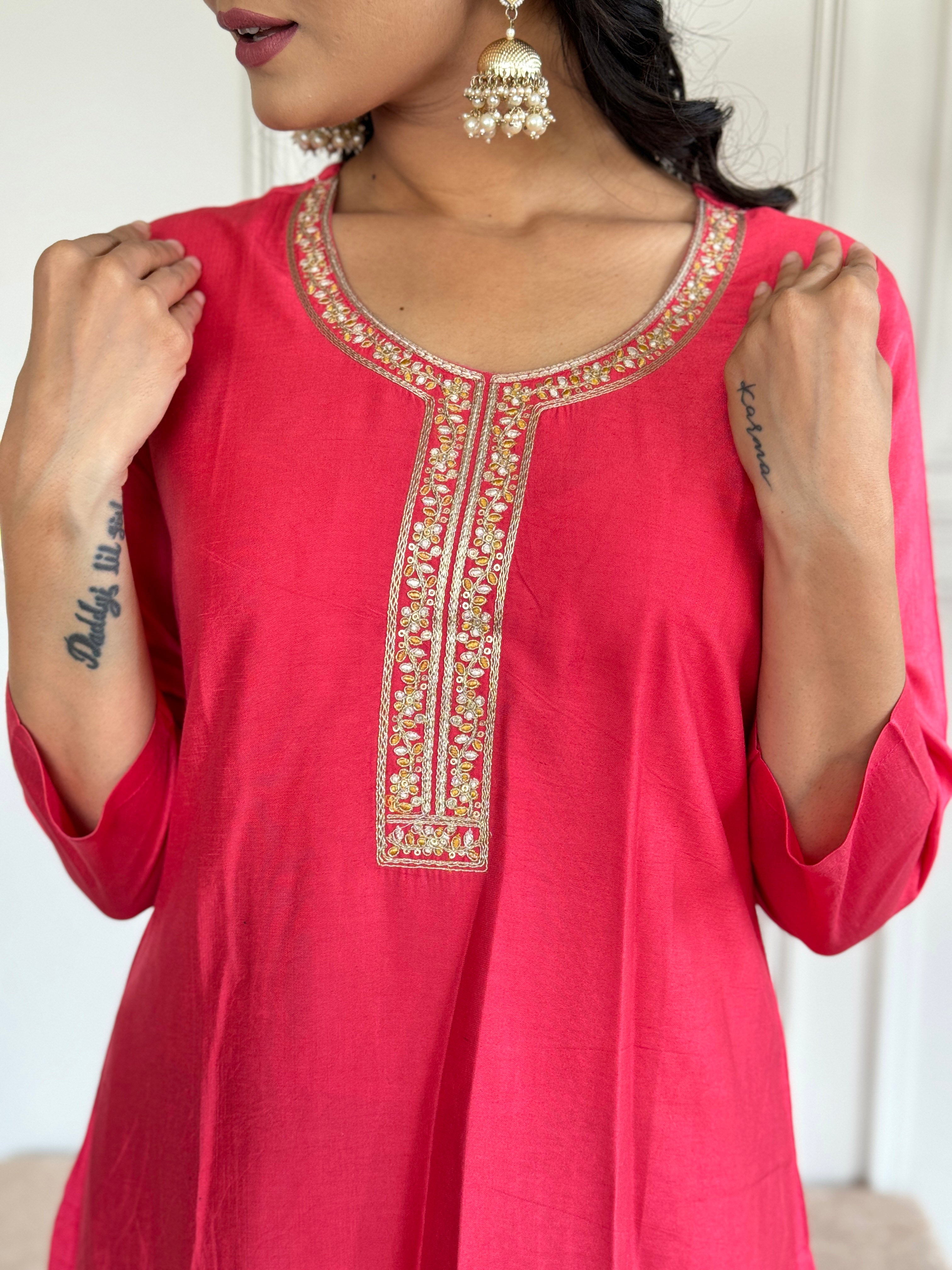 Women's Chanderi Pink Kurta Set with Dupatta, Round Neck, Embroidered A-Line Design, White Dupatta