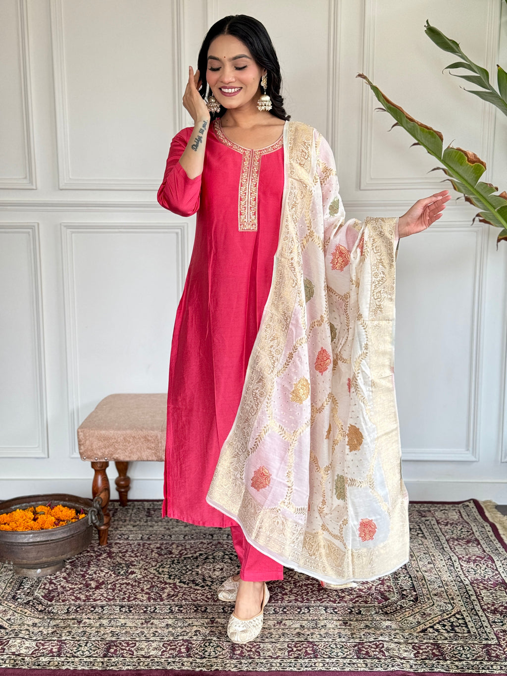 Women's Chanderi Pink Kurta Set with Dupatta, Round Neck, Embroidered A-Line Design, White Dupatta