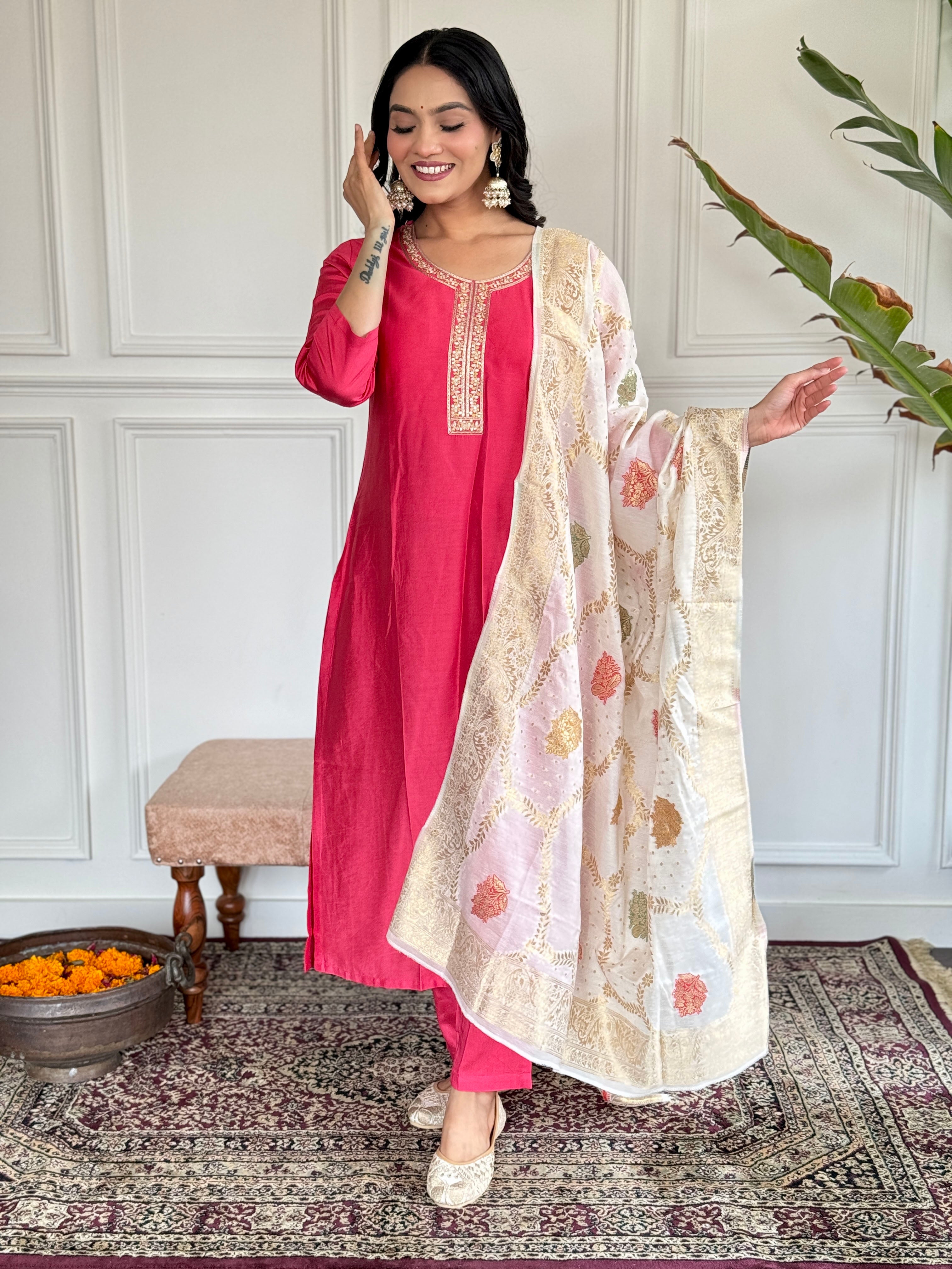 Women's Chanderi Pink Kurta Set with Dupatta, Round Neck, Embroidered A-Line Design, White Dupatta