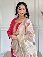 Women's Chanderi Pink Kurta Set with Dupatta, Round Neck, Embroidered A-Line Design, White Dupatta
