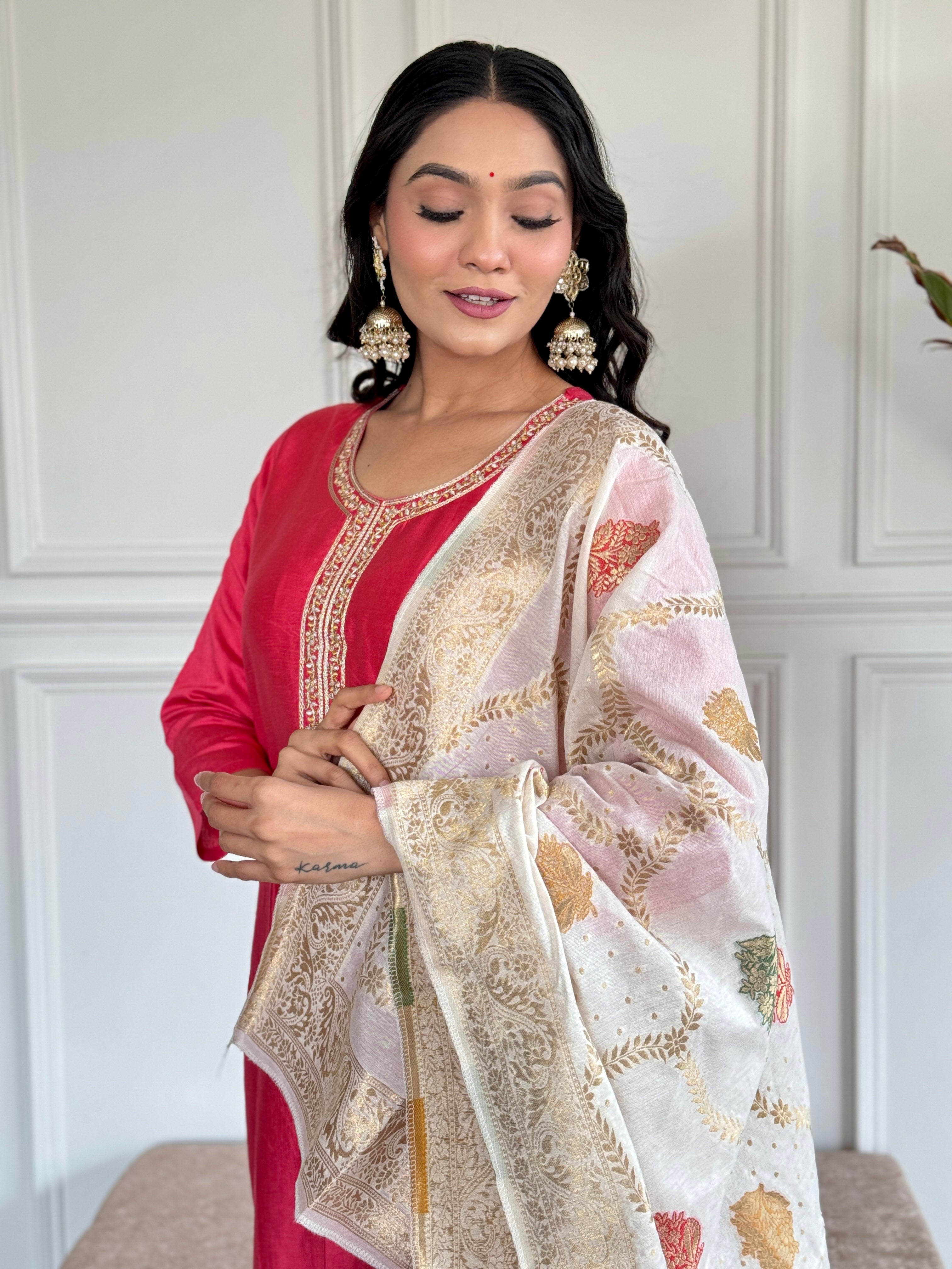Women's Chanderi Pink Kurta Set with Dupatta, Round Neck, Embroidered A-Line Design, White Dupatta