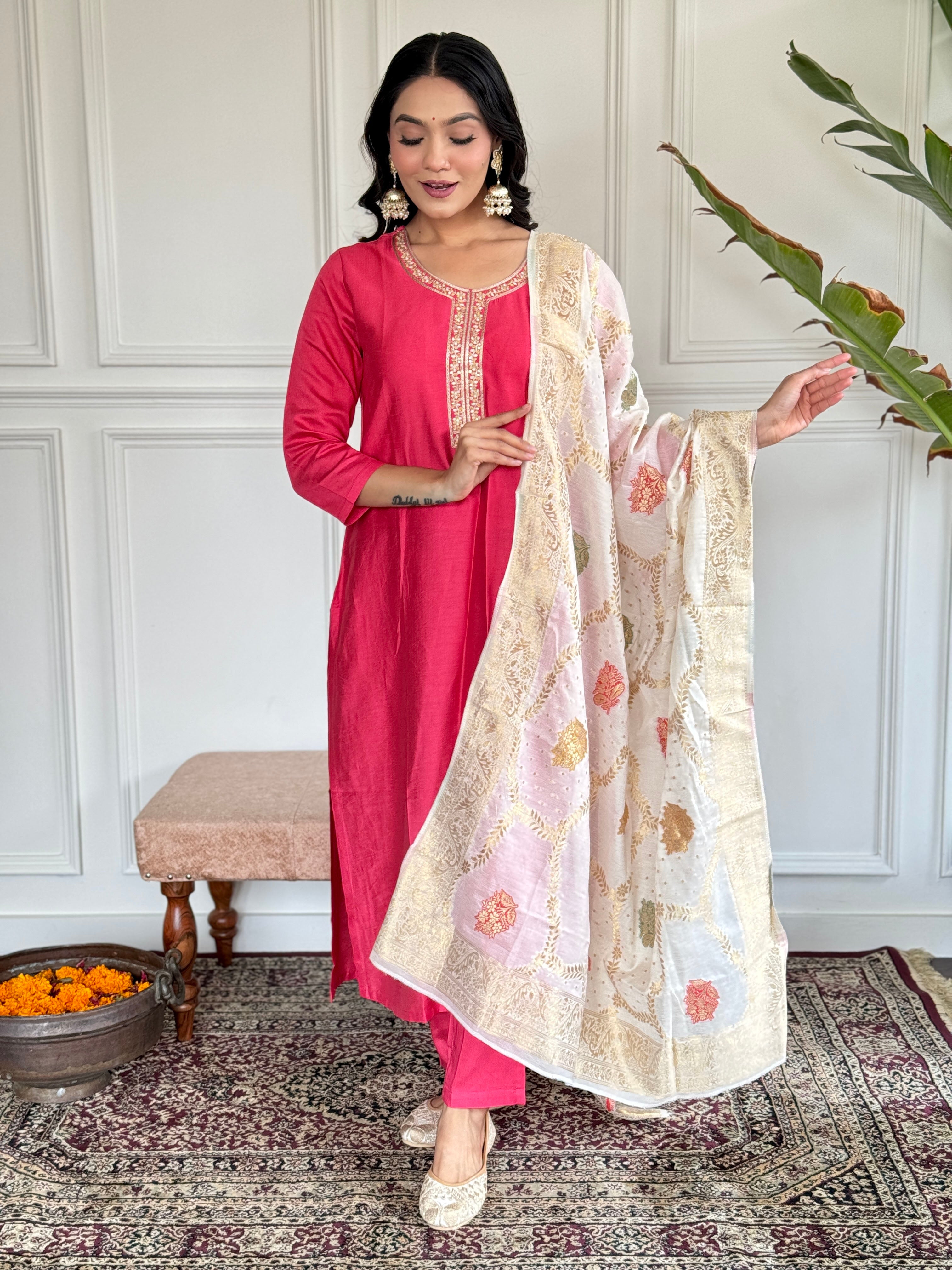 Women's Chanderi Pink Kurta Set with Dupatta, Round Neck, Embroidered A-Line Design, White Dupatta