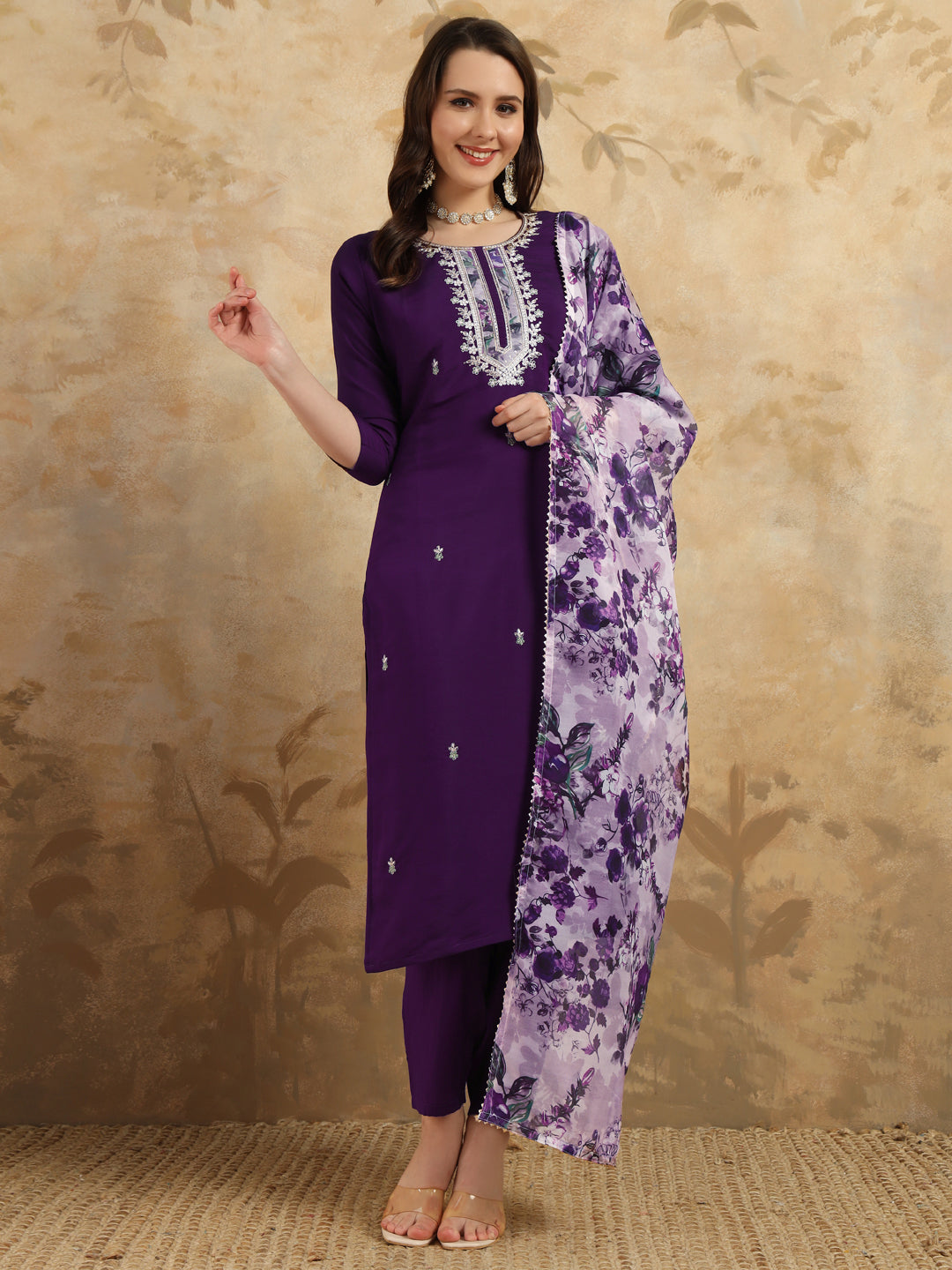 Women's Purple Chanderi Kurta Set with Floral Dupatta, 3/4 Sleeve, Round Neck, 3 Piece