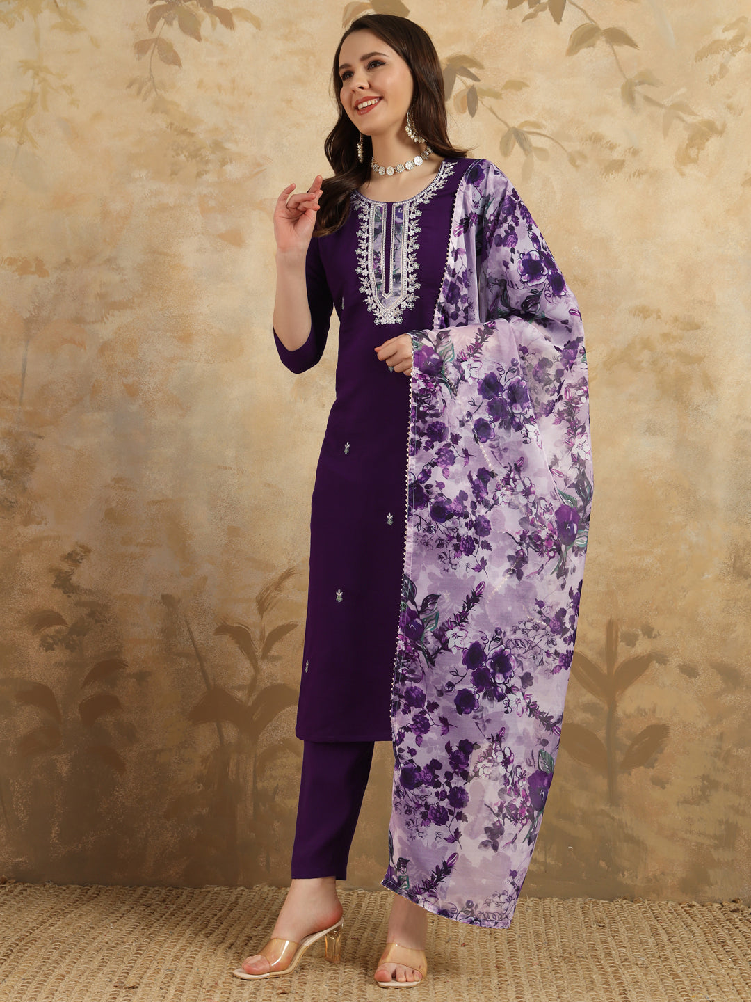 Women's Purple Chanderi Kurta Set with Floral Dupatta, 3/4 Sleeve, Round Neck, 3 Piece