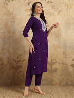 Women's Purple Chanderi Kurta Set with Floral Dupatta, 3/4 Sleeve, Round Neck, 3 Piece