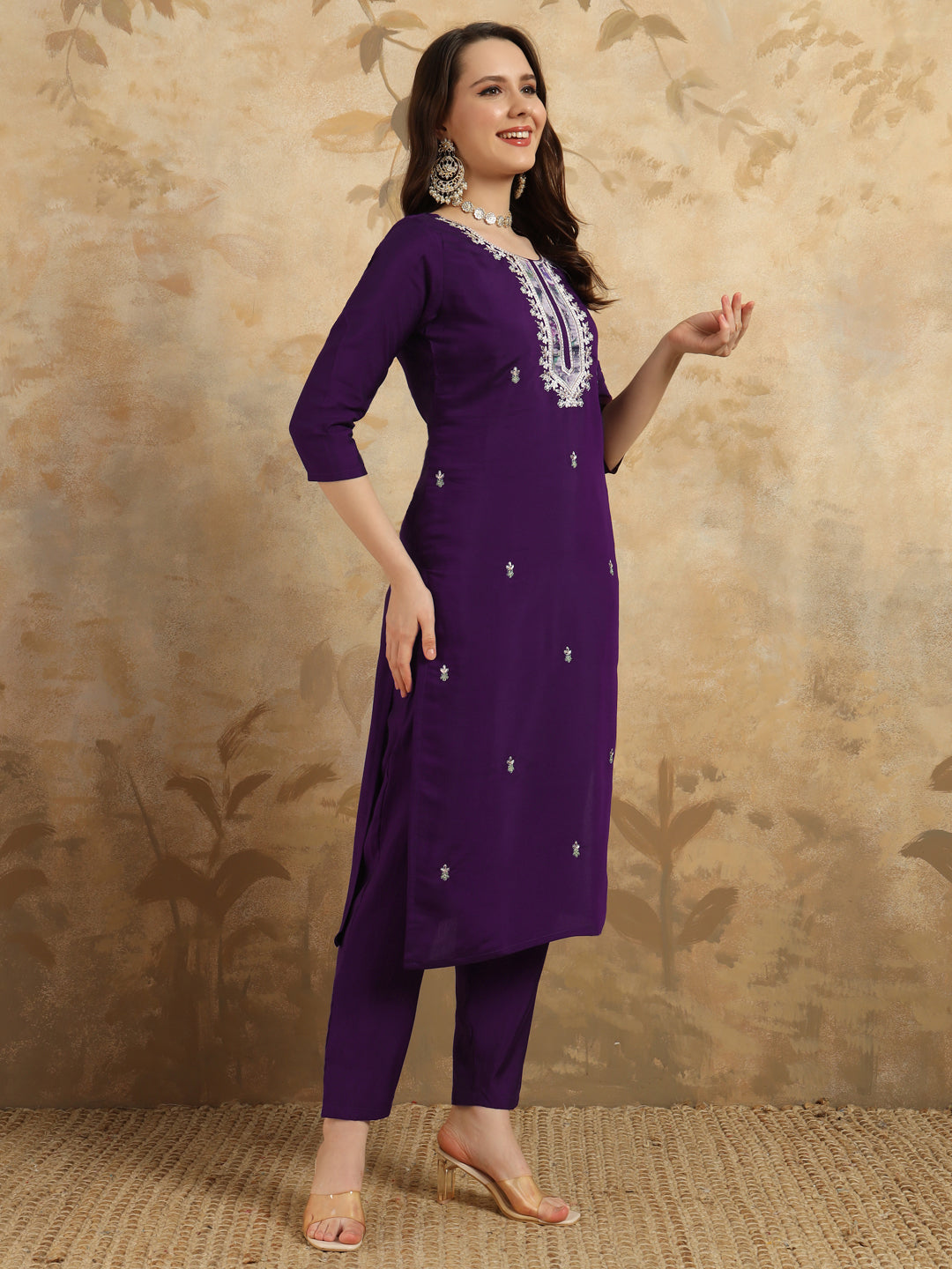 Women's Purple Chanderi Kurta Set with Floral Dupatta, 3/4 Sleeve, Round Neck, 3 Piece