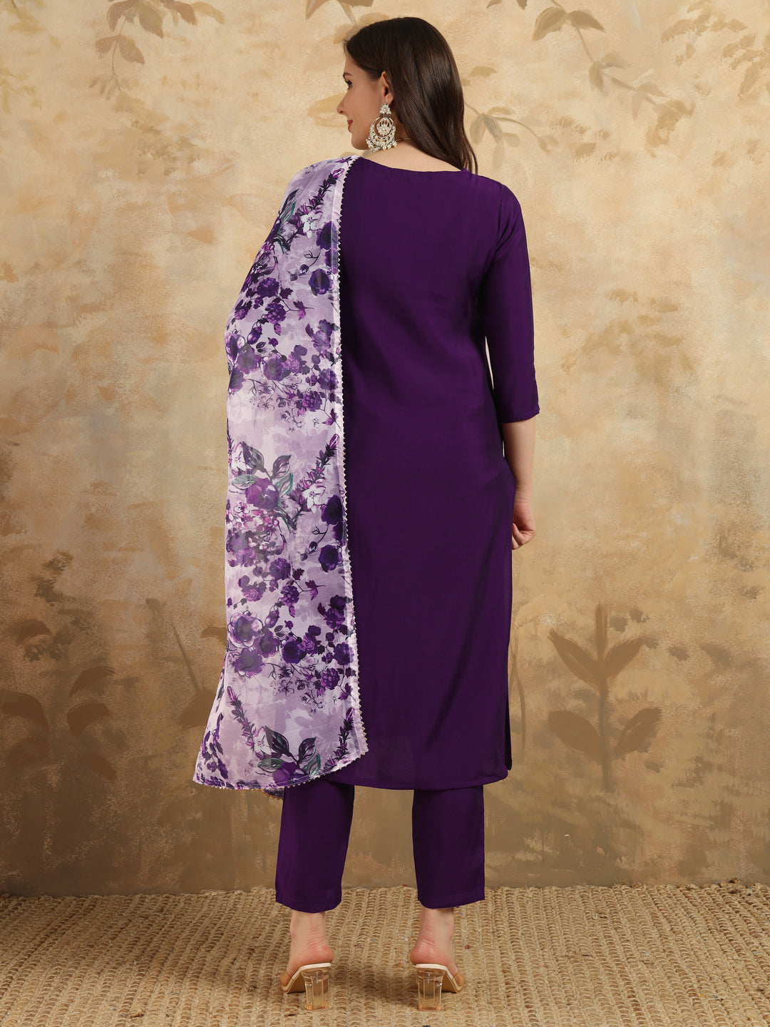 Women's Purple Chanderi Kurta Set with Floral Dupatta, 3/4 Sleeve, Round Neck, 3 Piece